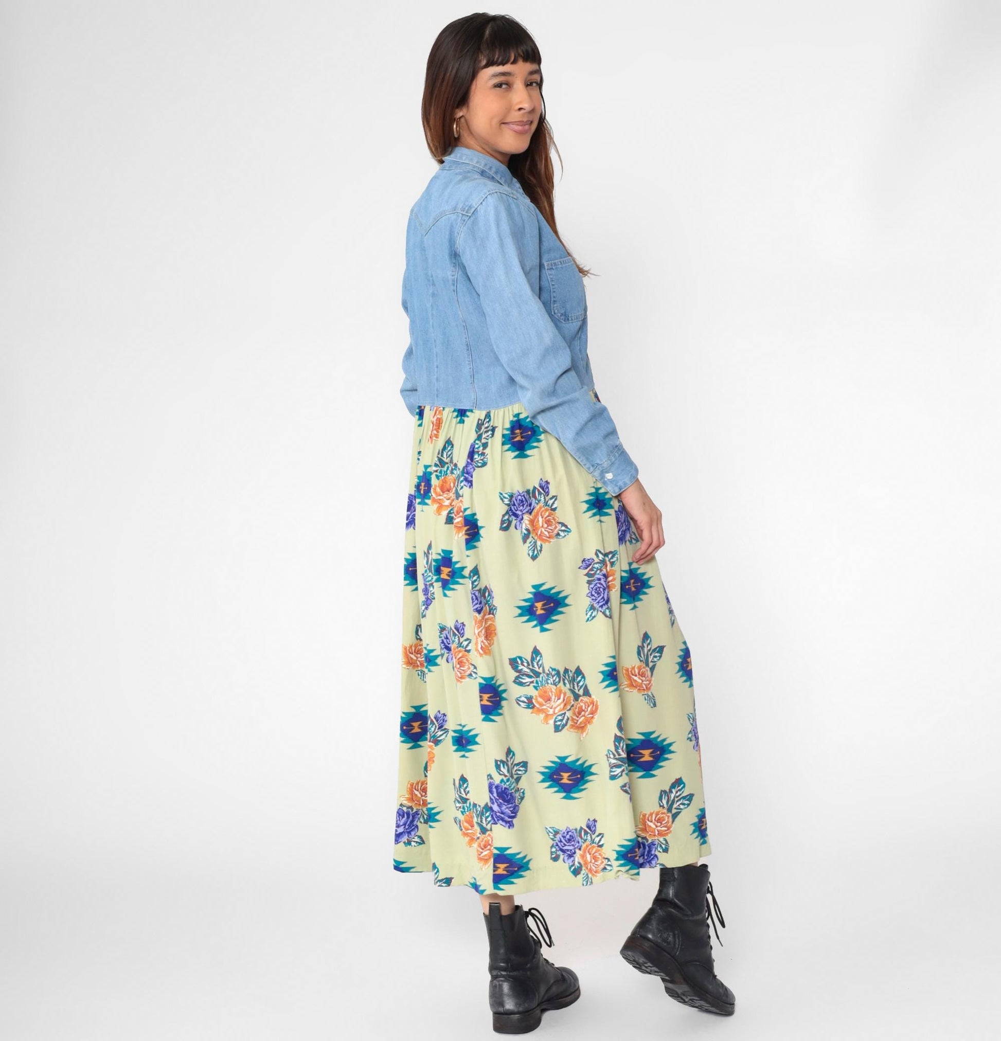 90s Floral Denim Maxi Dress Blue Chambray Southwest Button-Up Small