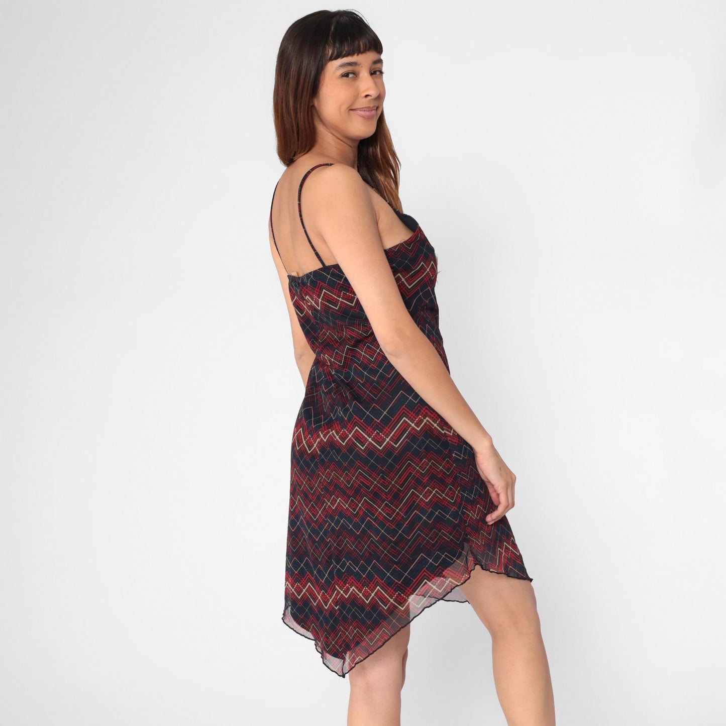 Y2K Xhiliration Zig Zag Striped Mesh Mini Dress Sweetheart Hanky Hem Large L