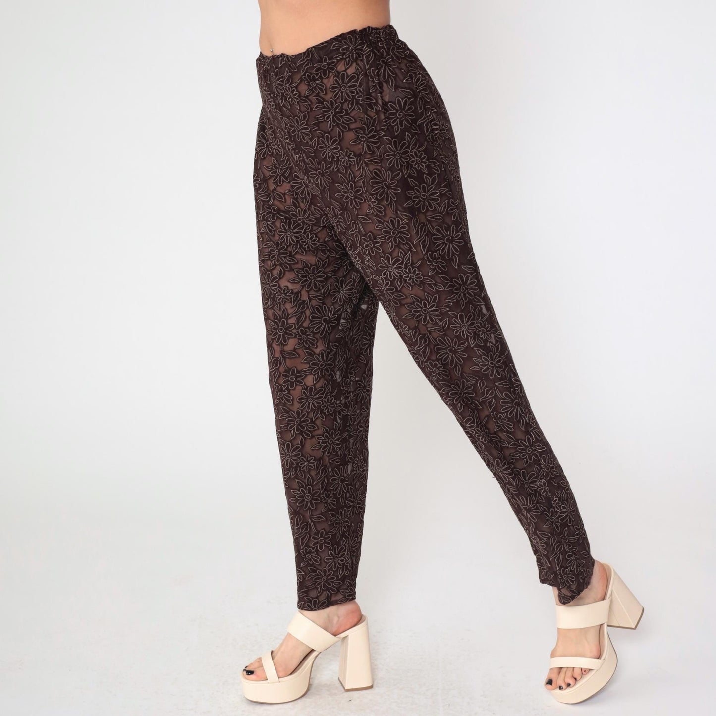90s Brown Sheer Floral Burnout High-Waist Straight Tapered Trousers Small