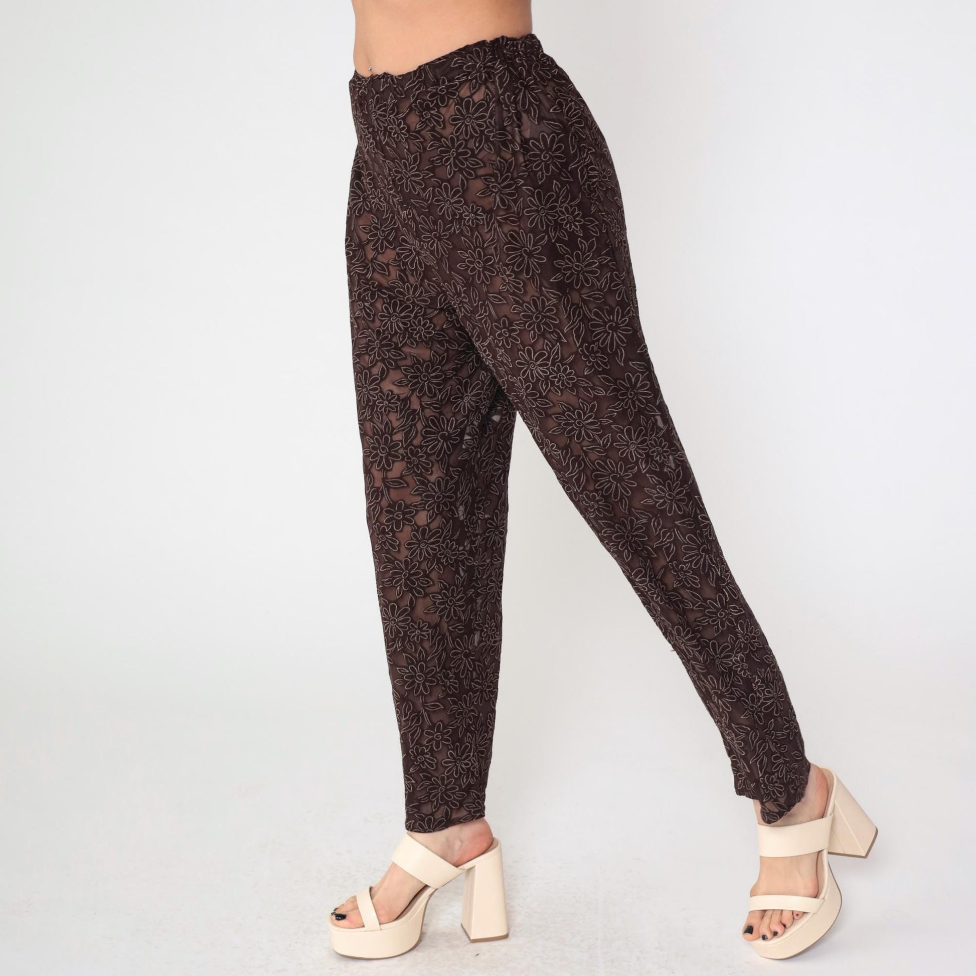 90s Brown Sheer Floral Burnout High-Waist Straight Tapered Trousers Small
