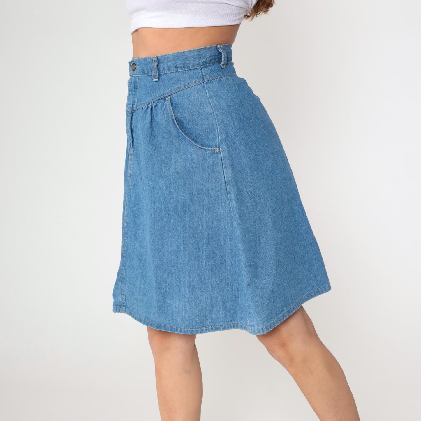 80s Western Denim Mini Skirt High Waist Gathered Yoke Blue Small S