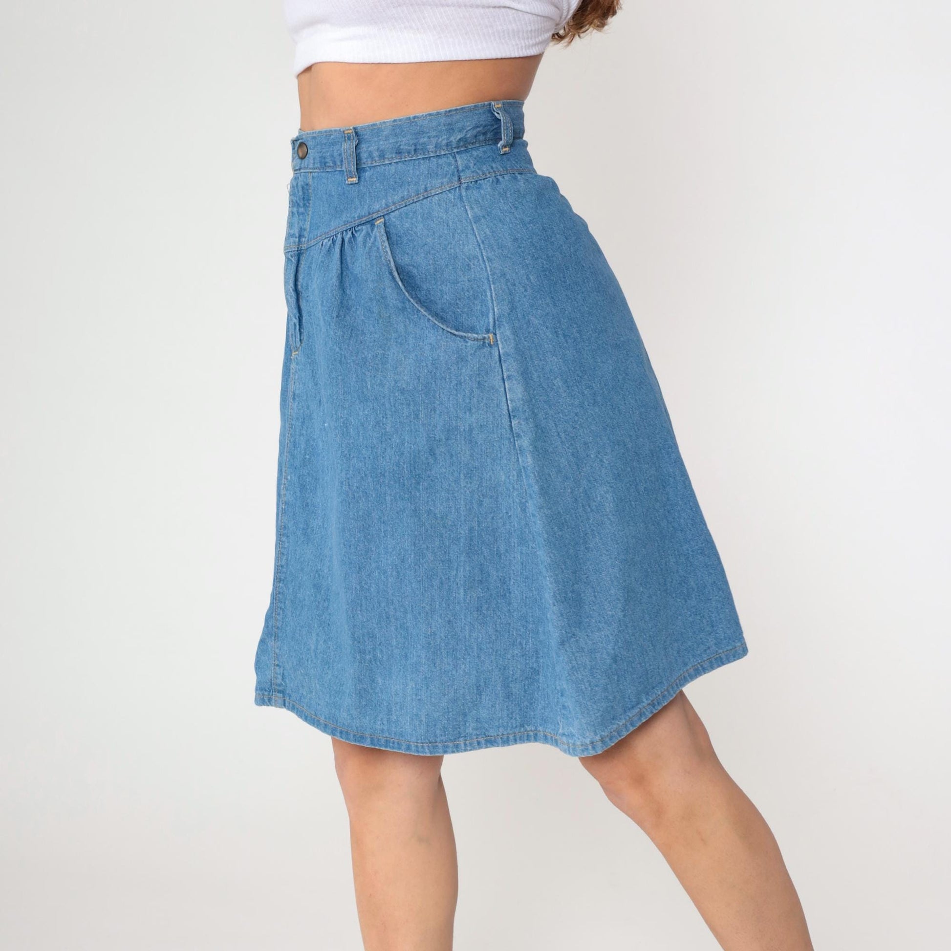 80s Western Denim Mini Skirt High Waist Gathered Yoke Blue Small S