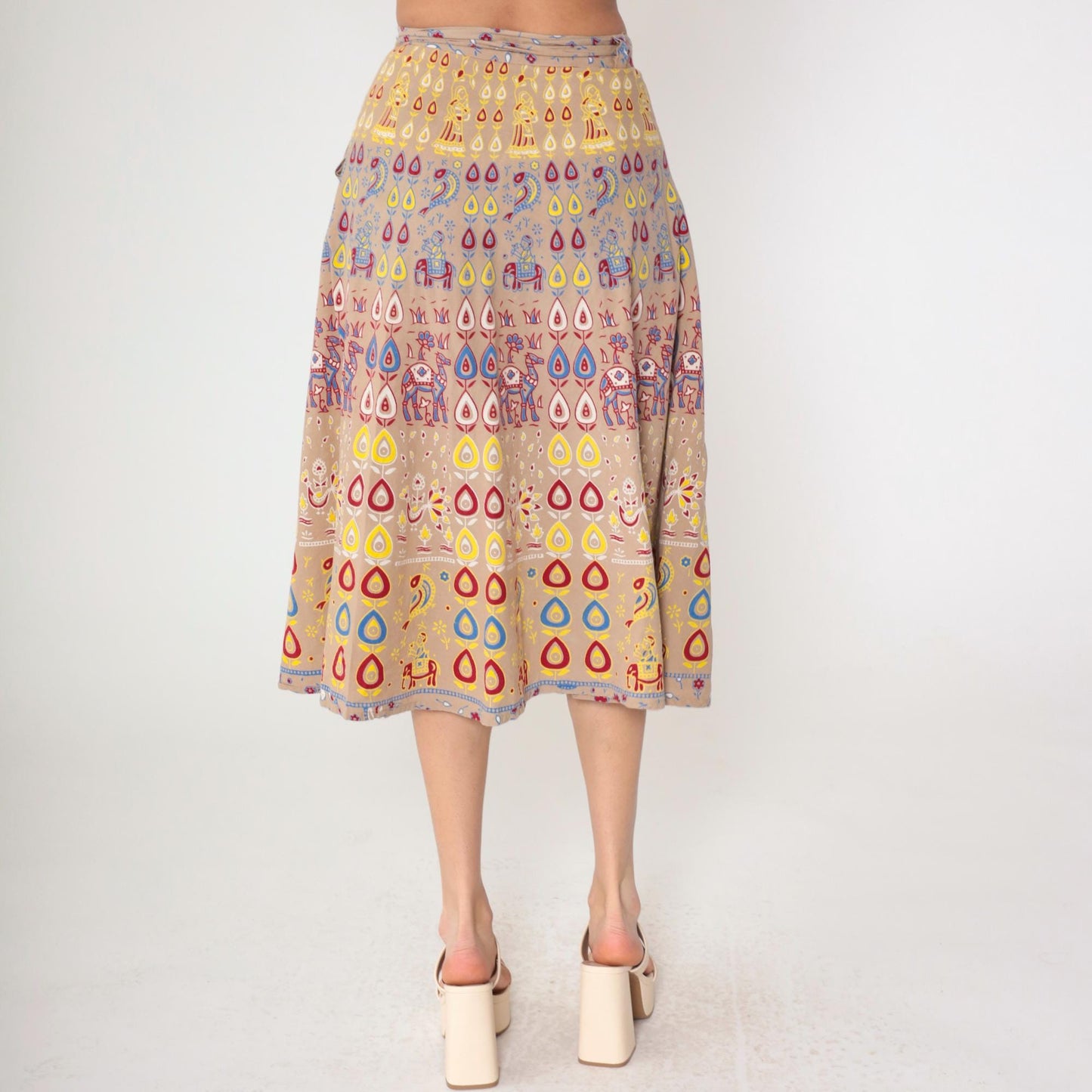 90s Indian Wrap Skirt Camel Floral Print Midi Cotton Small-Large