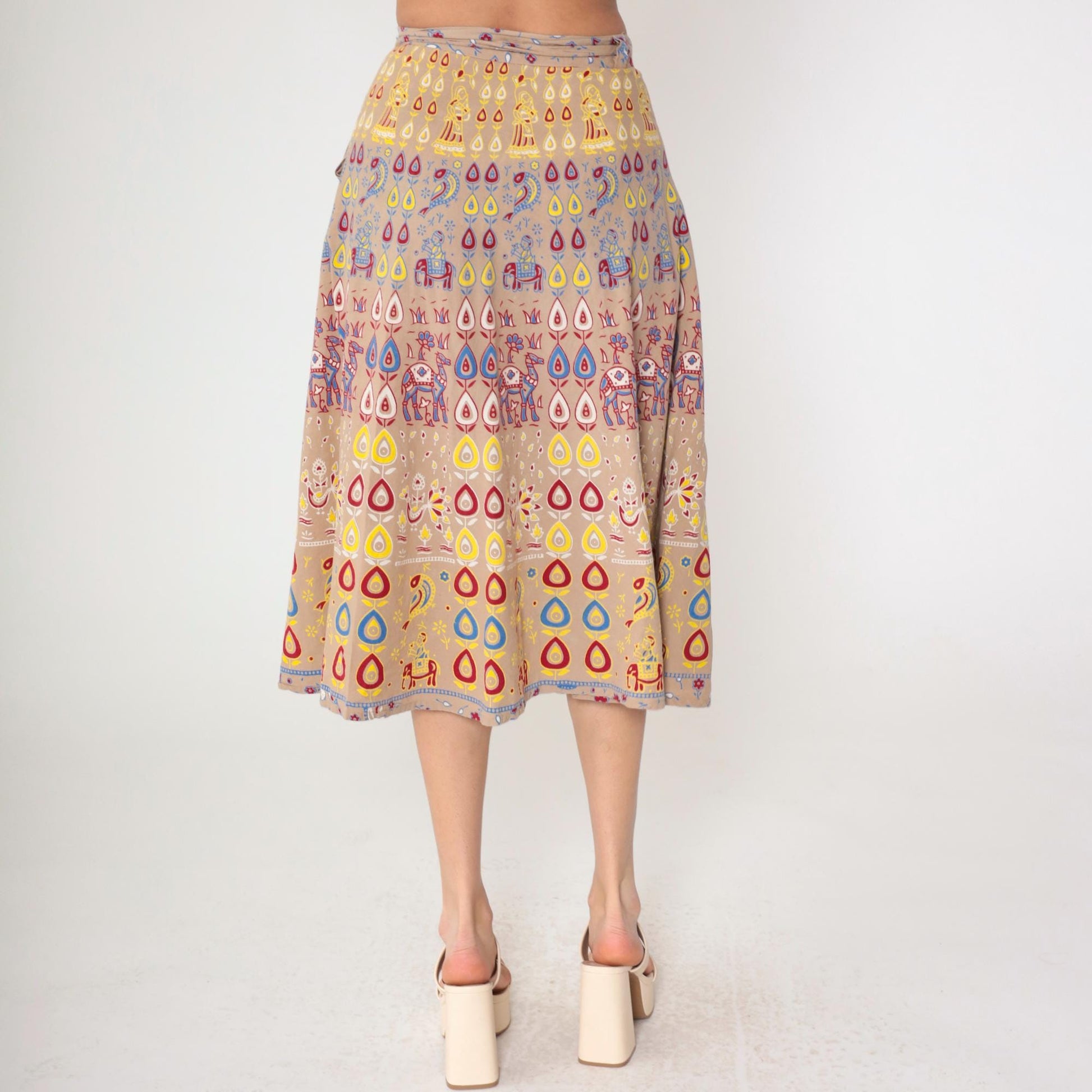 90s Indian Wrap Skirt Camel Floral Print Midi Cotton Small-Large