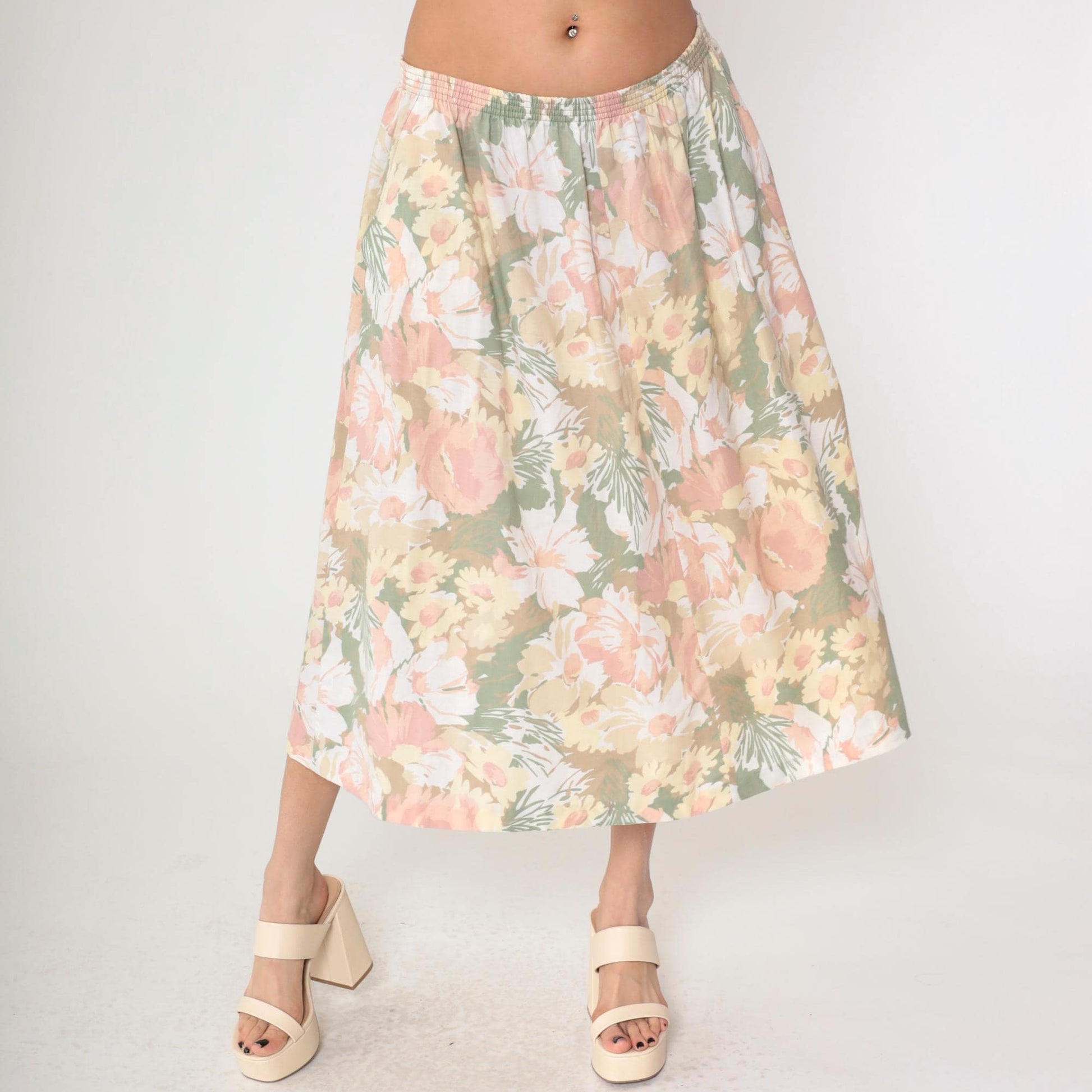 90s Alfred Dunner Floral Midi Skirt Pastel Print High Waist Pockets Large