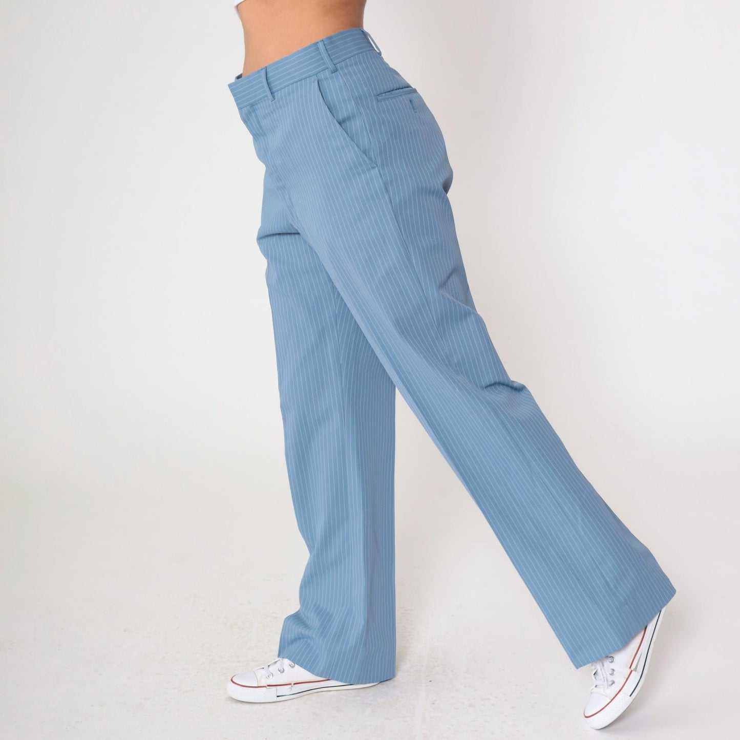 70s Blue Pinstripe Straight Leg Trousers High Waist White Stripes Men's Medium 32