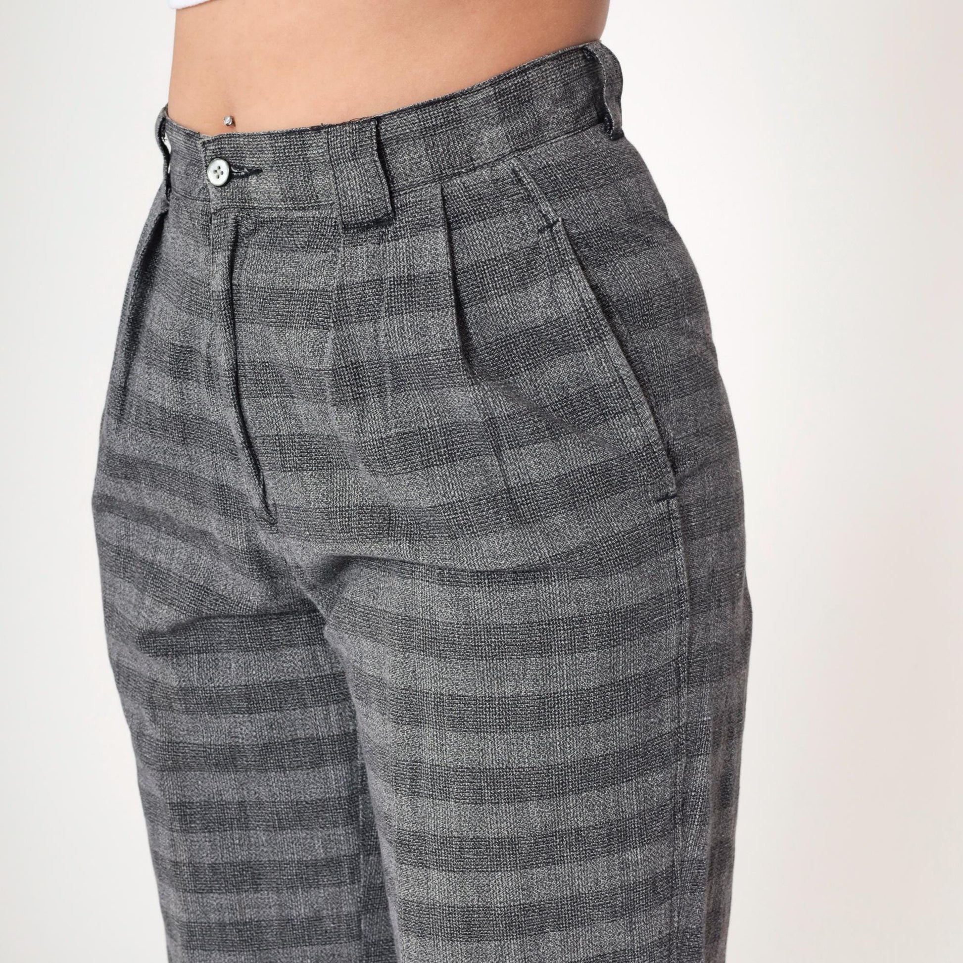 80s Generra Grey Striped Pleated Trousers High Waist Tapered Cotton Small