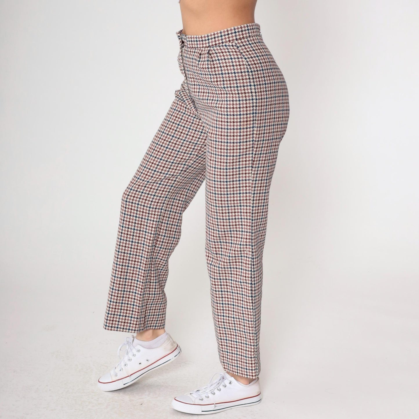 70s Houndstooth Flared Trousers Burgundy Navy High Waisted Bell Bottoms Medium
