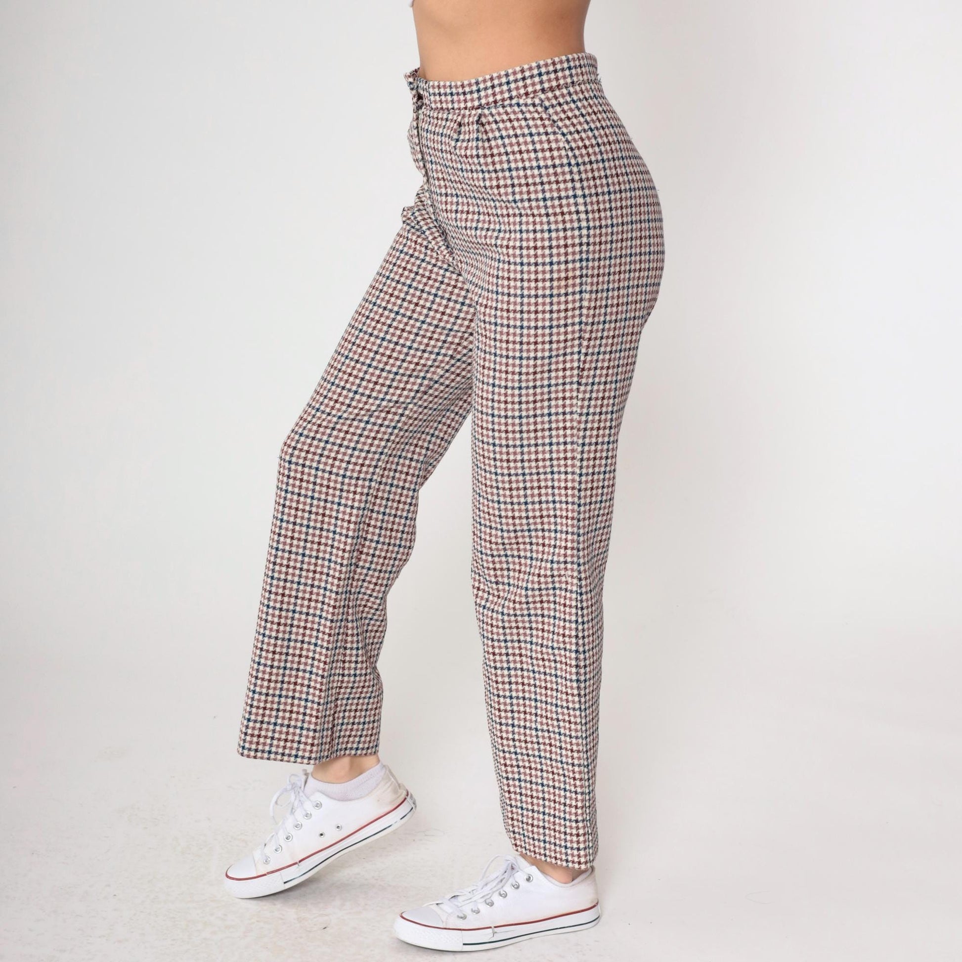 70s Houndstooth Flared Trousers Burgundy Navy High Waisted Bell Bottoms Medium