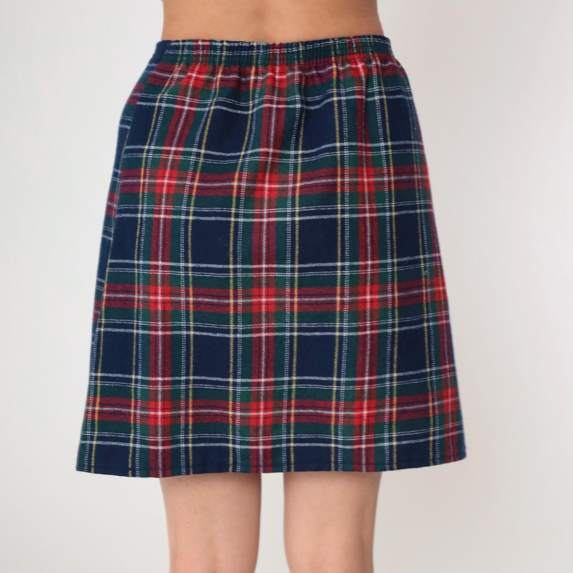 80s Plaid Mini Skirt Navy Red Green Elastic Waist Straight Pencil Medium