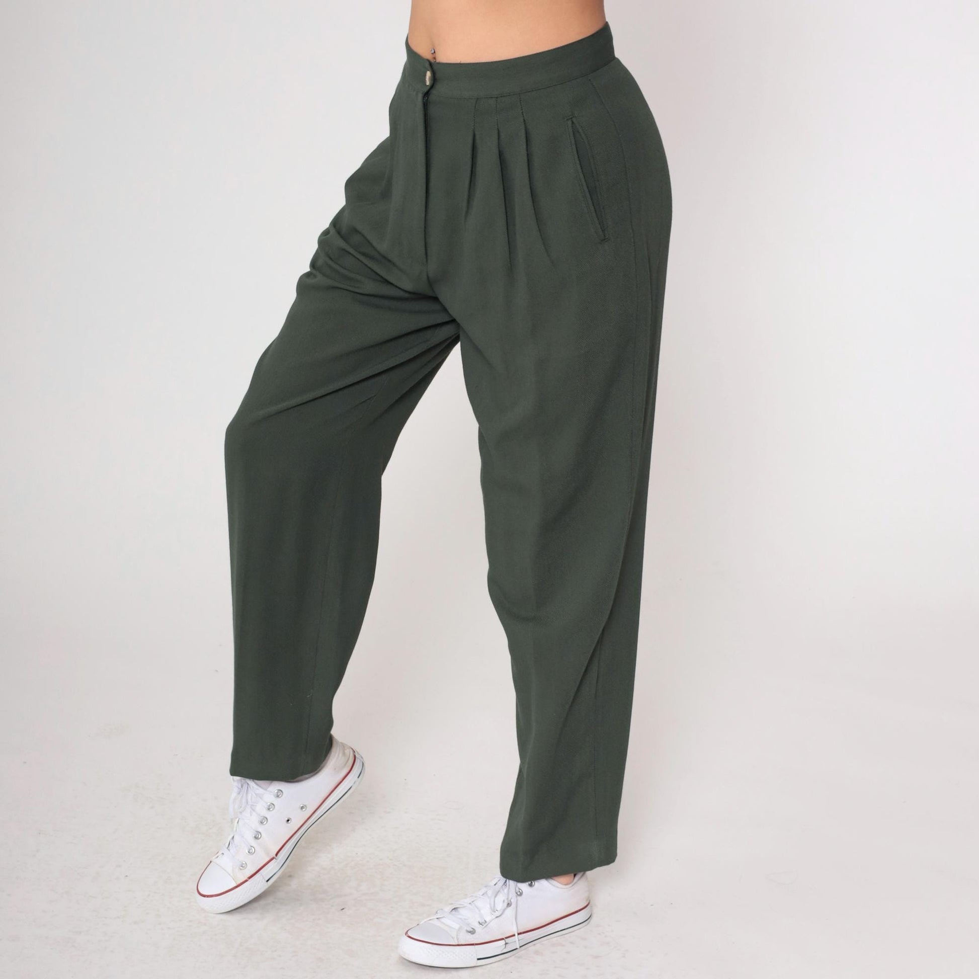 Y2K Dark Green Pleated High-Waist Trousers Straight Leg Medium