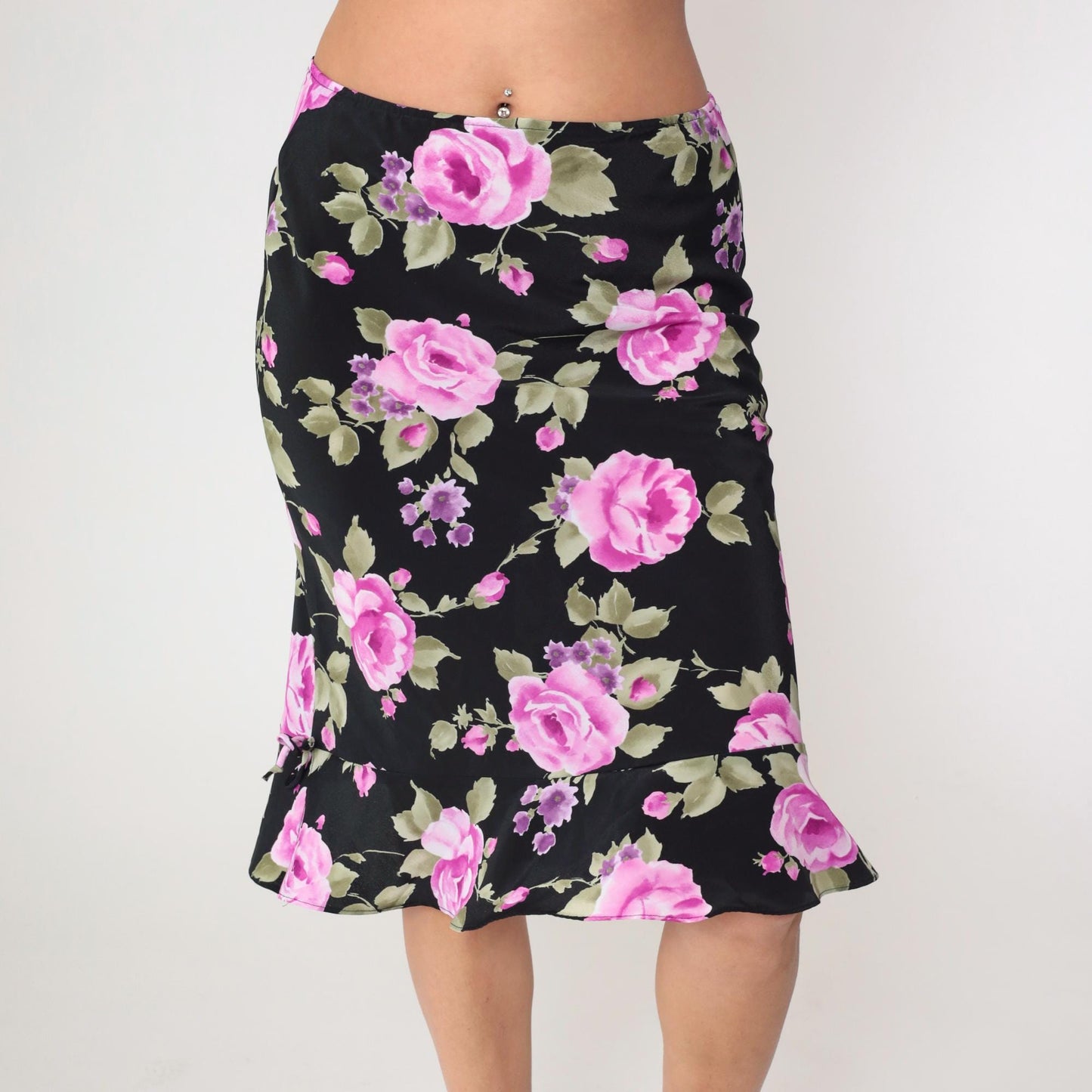 90s Black Floral Midi Skirt Fuchsia Pink Print Ruffled Hem Medium