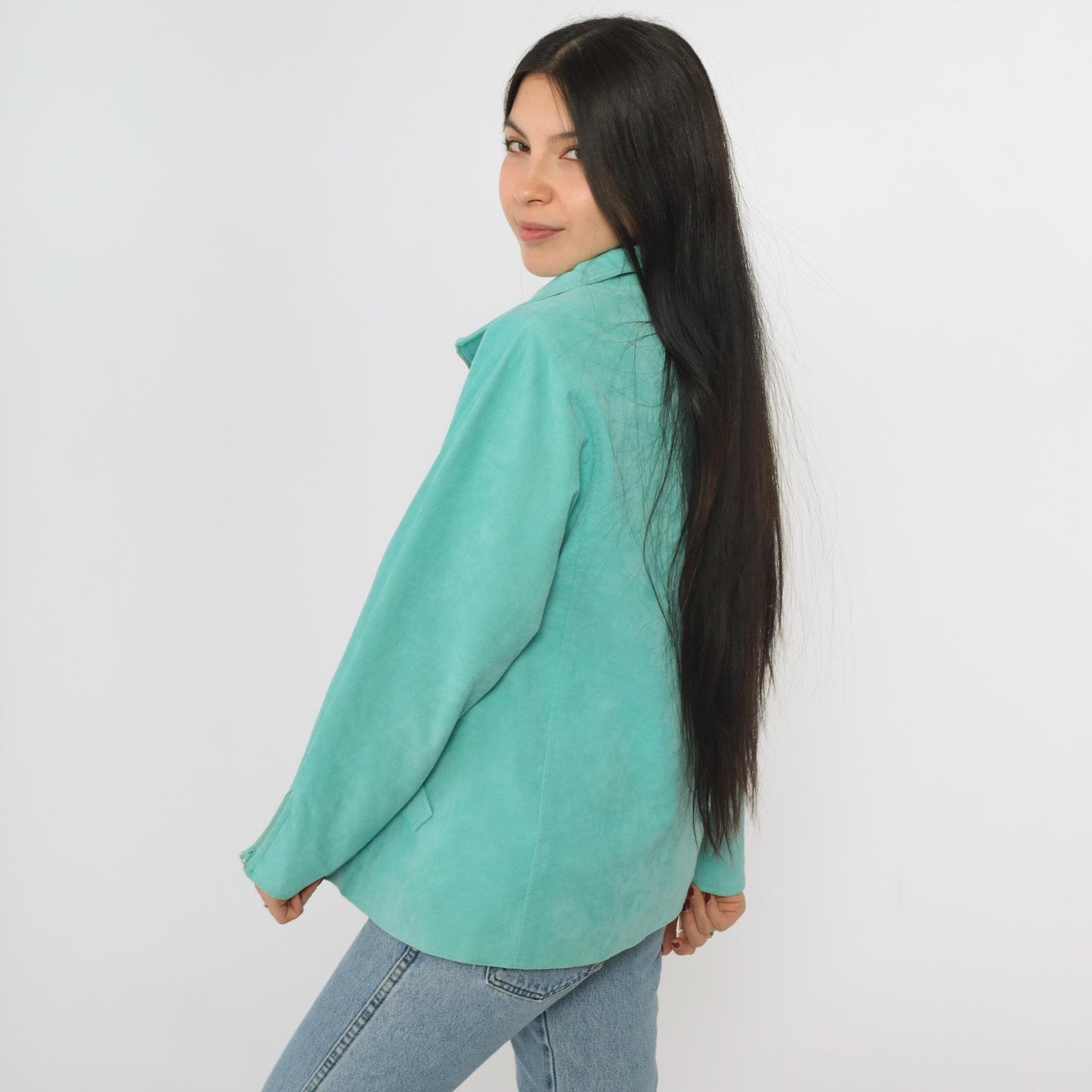 80s Bill Haire Aqua Faux Suede Zip Jacket Small