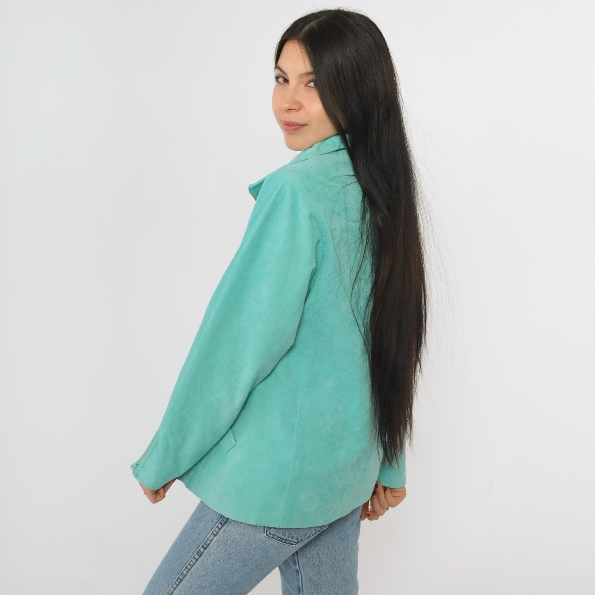 80s Bill Haire Aqua Faux Suede Zip Jacket Small