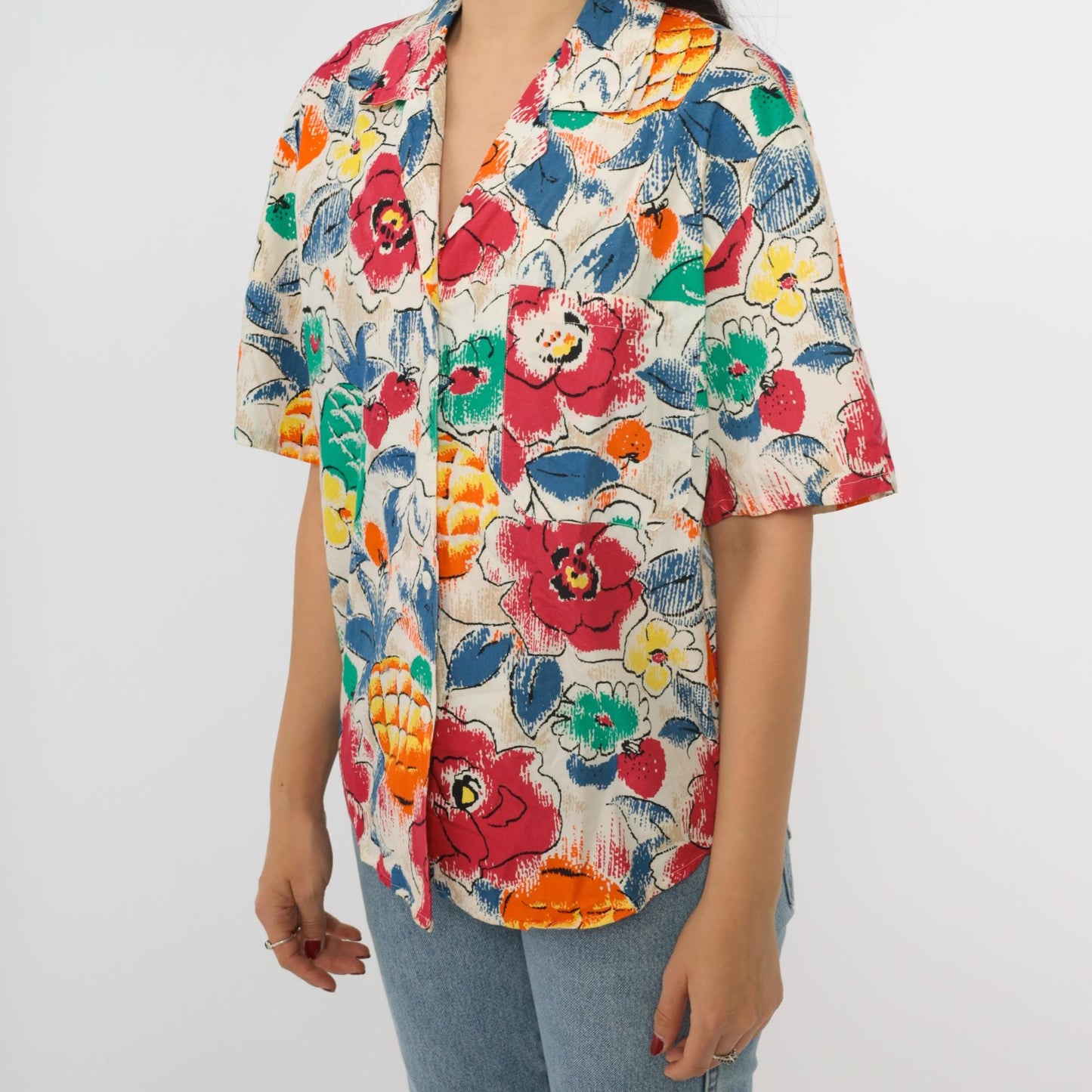 90s Pineapple Floral Print Button Up Blouse Short Sleeve White Red Medium M