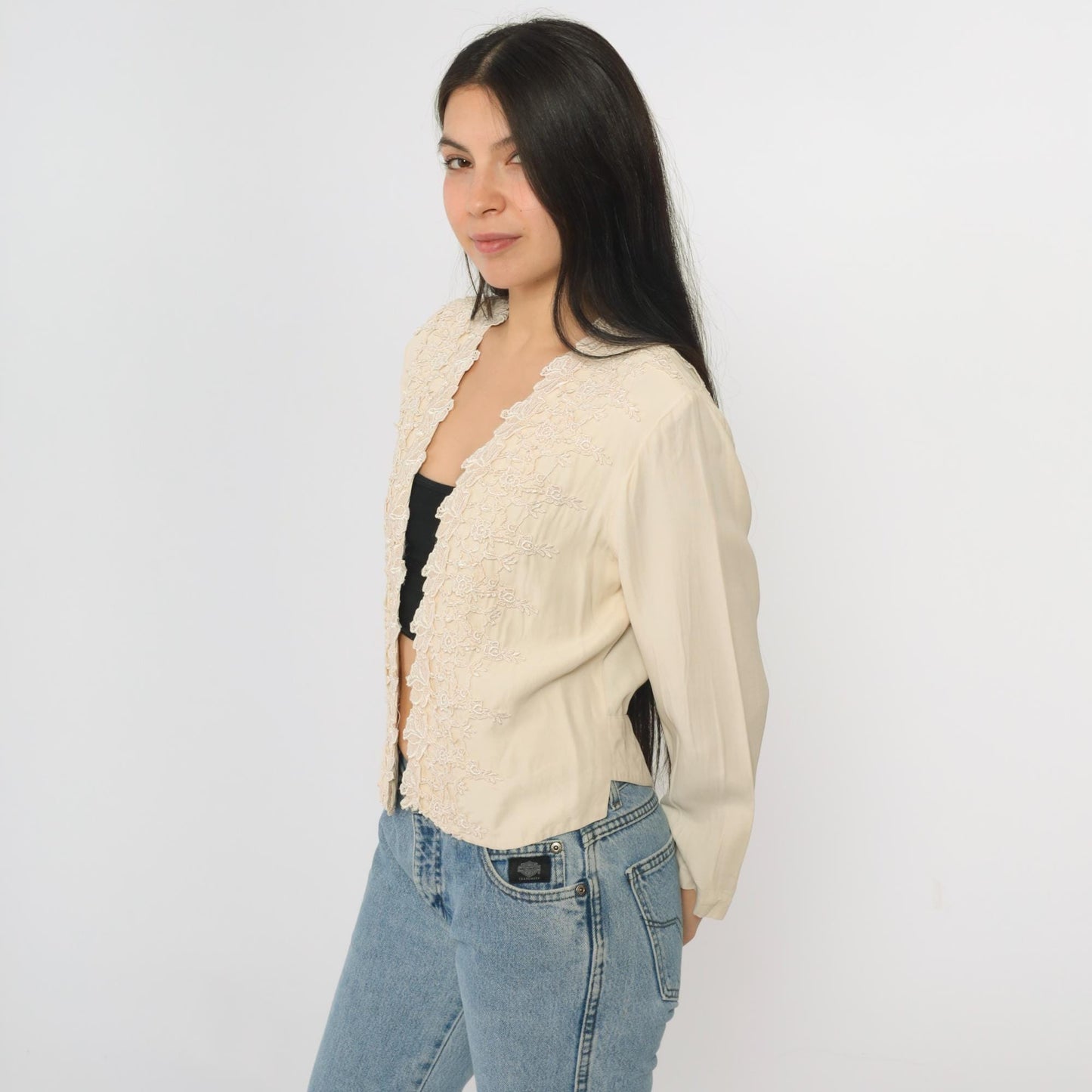 90s Wild Rose Cream Cardigan Floral Embroidered Lace Trim Long Sleeve Medium