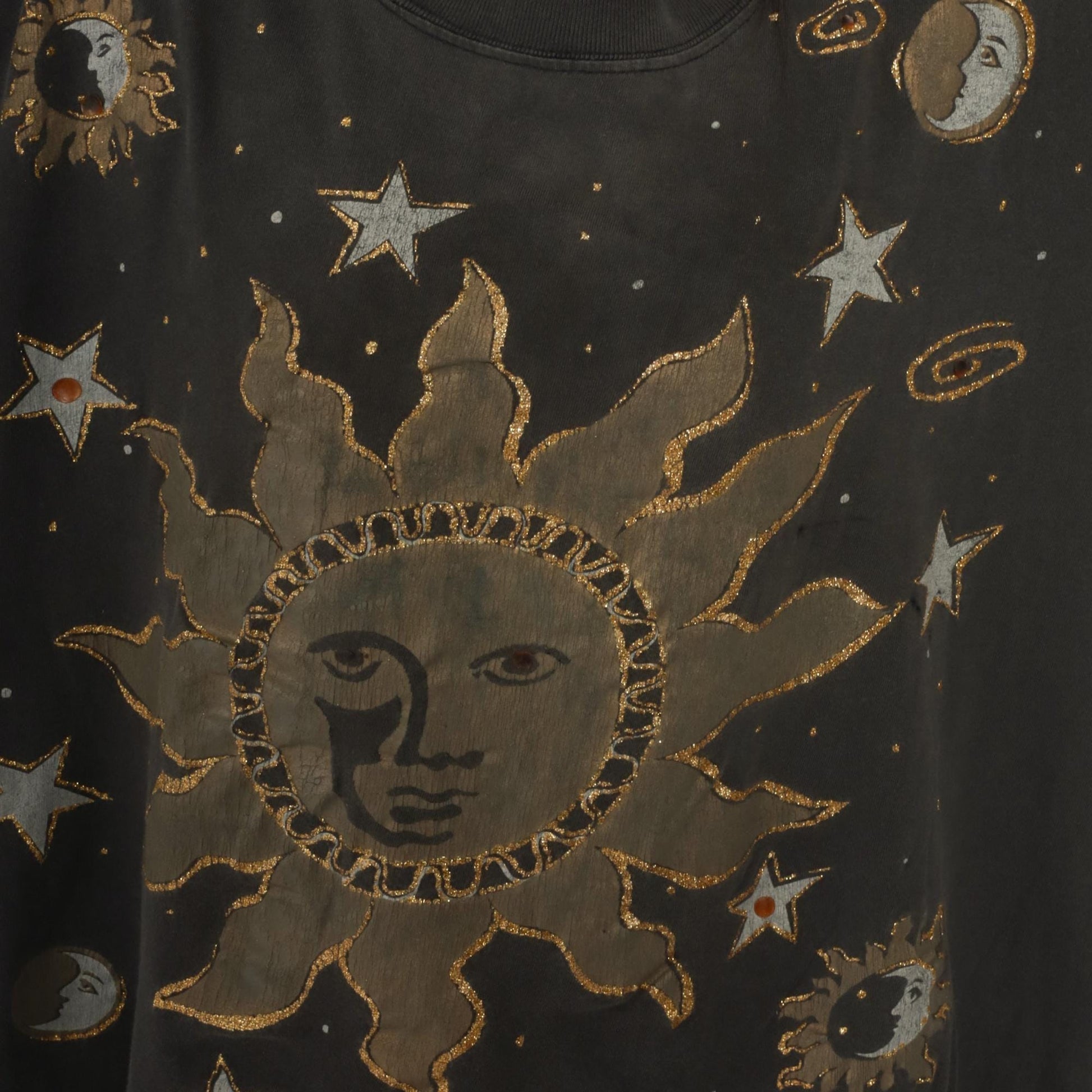90s Celestial Sun Moon Graphic T-Shirt Metallic Gold Silver Beaded One Size