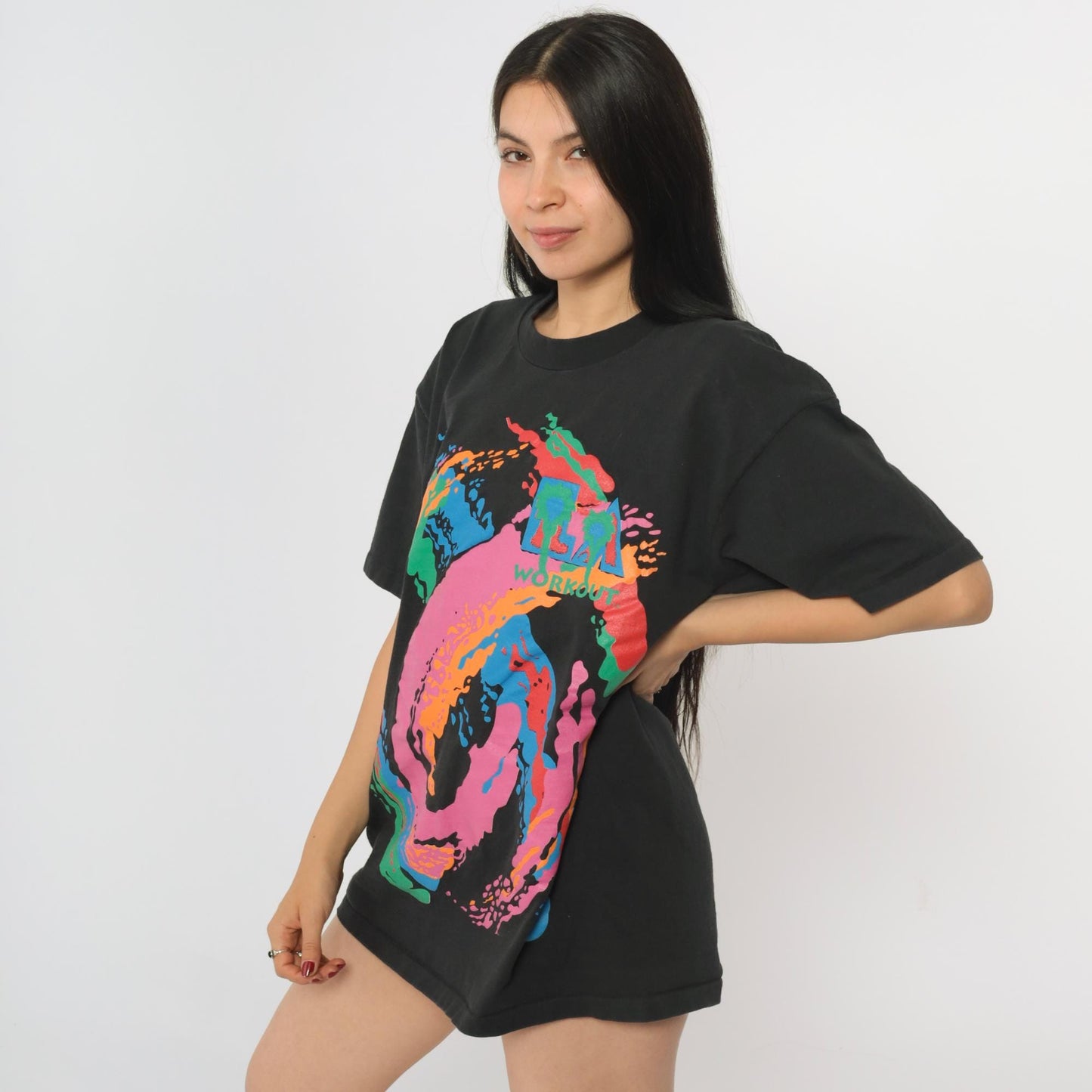 90s LA Workout T-Shirt Black Palm Tree Graphic Anvil Cotton Medium