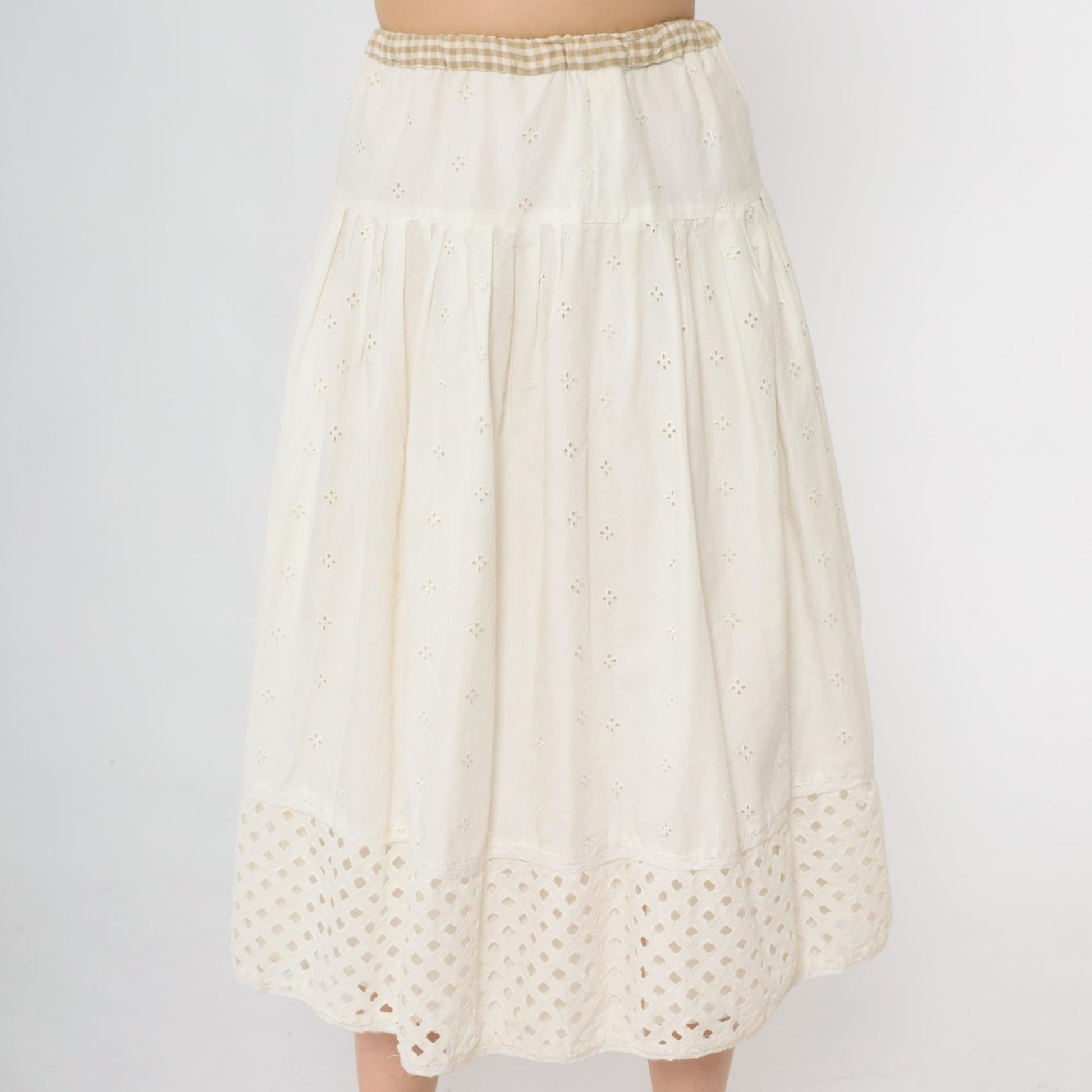 00s White Eyelet Peasant Midi Skirt Embroidered A-Line Tiered Small