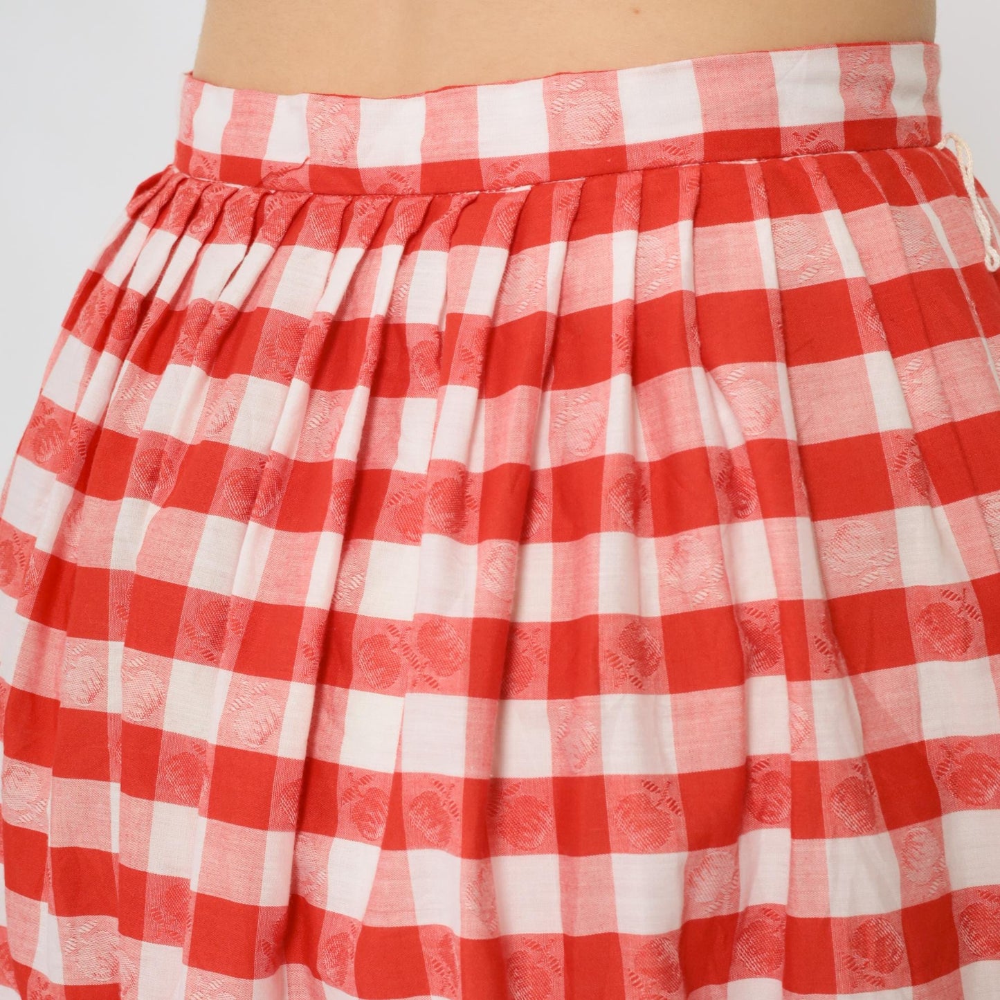 70s Red Gingham Maxi Skirt High Waist Lace Trim White Checkered Medium