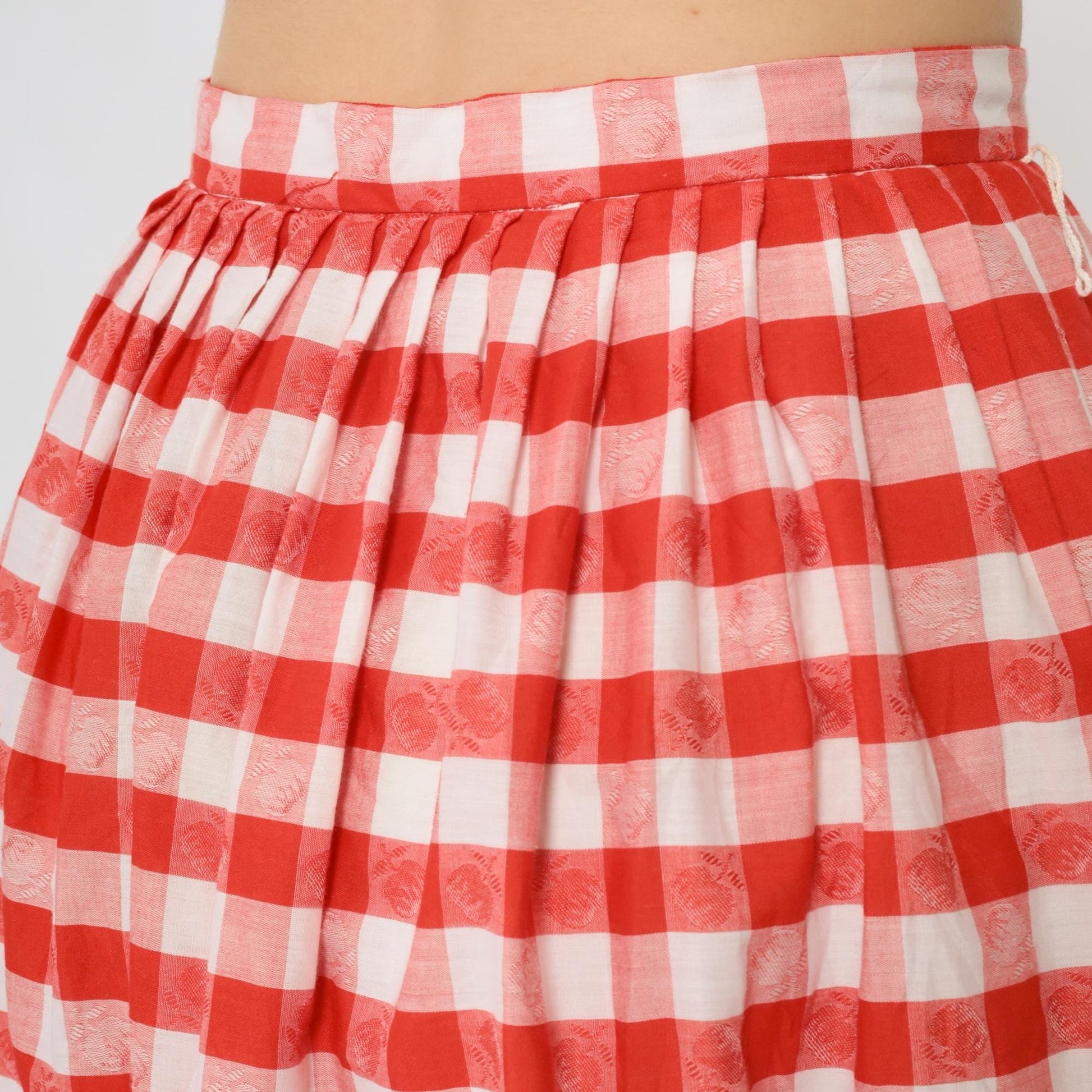 70s Red Gingham Maxi Skirt High Waist Lace Trim White Checkered Medium