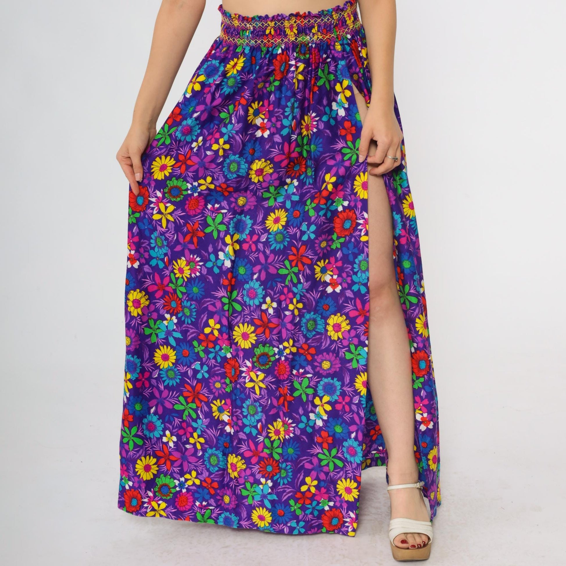 70s Rainbow Floral Maxi Skirt Purple High Slit Smocked Waist Small