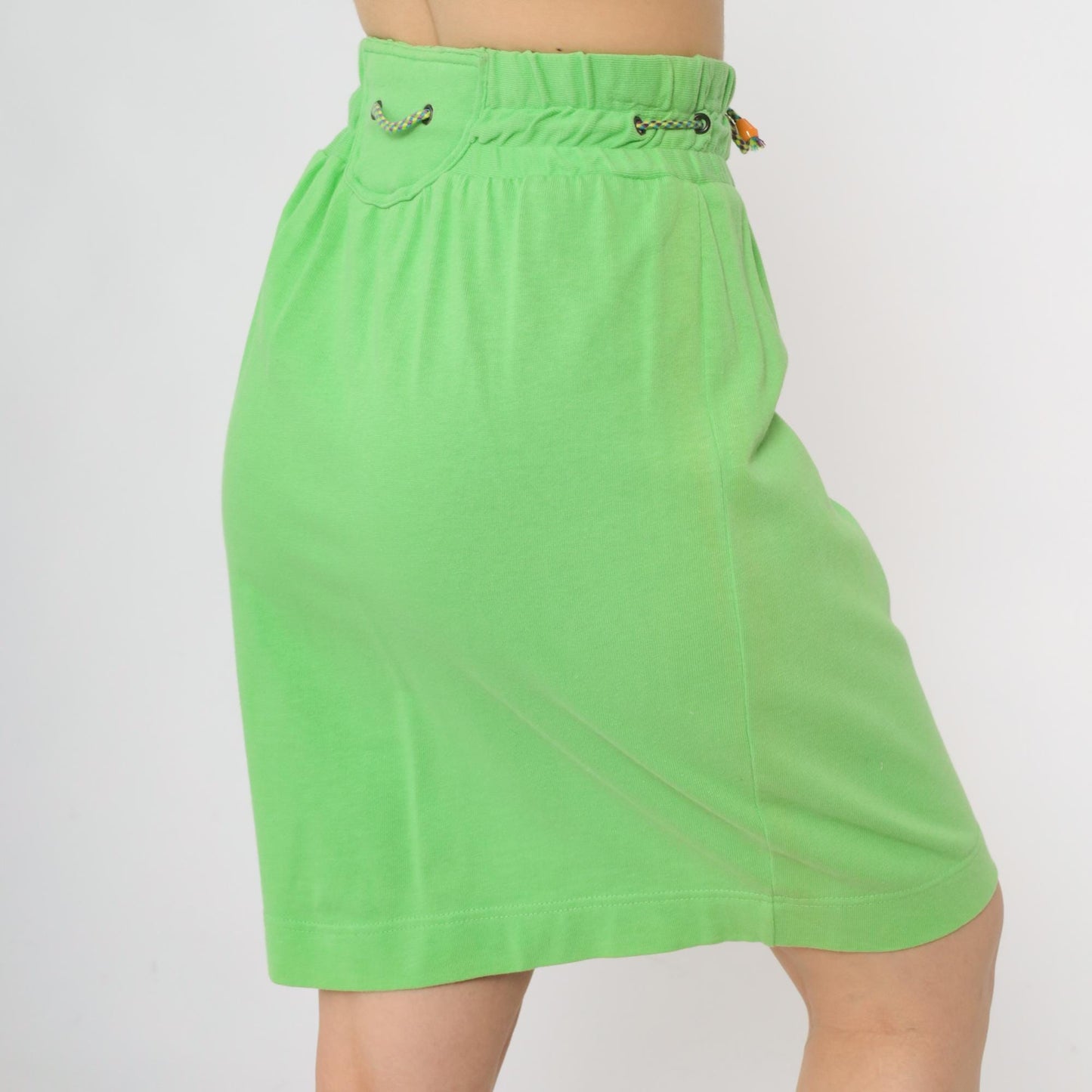 90s Lime Green Mini Skirt Drawstring Waist Cotton Small S