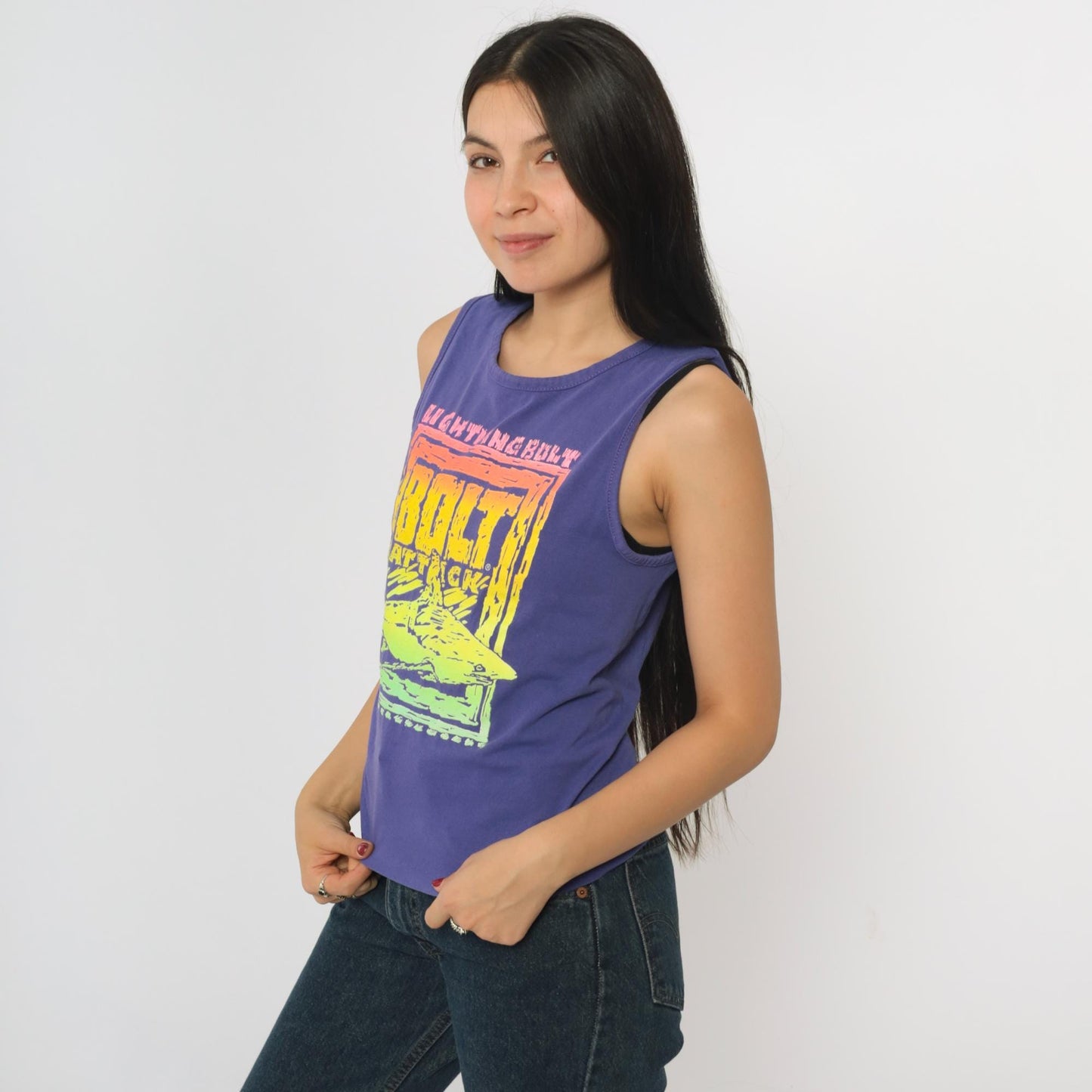 90s Lightning Bolt Shark Graphic Tank Top Purple Neon Sleeveless Extra Small