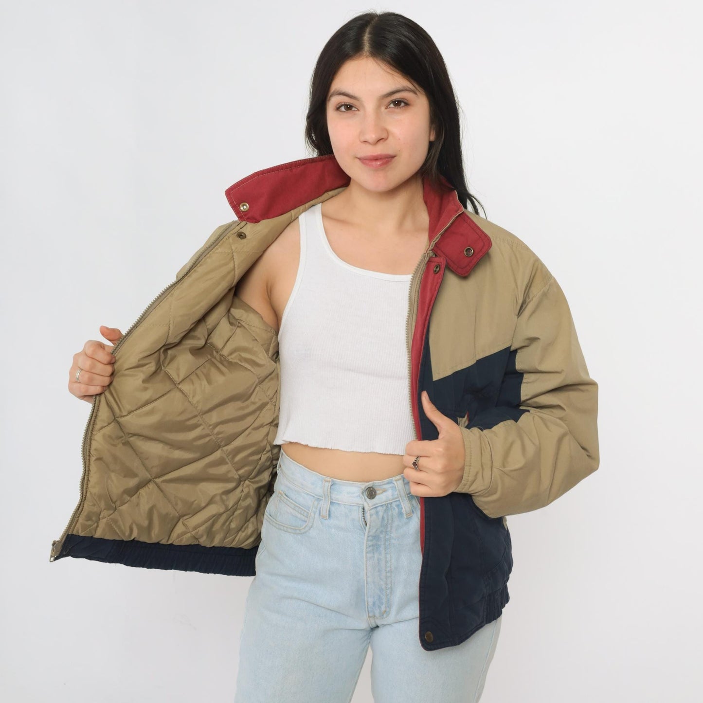 80s McGregor Puffer Jacket Tan Navy Color Block Ski Coat Small S