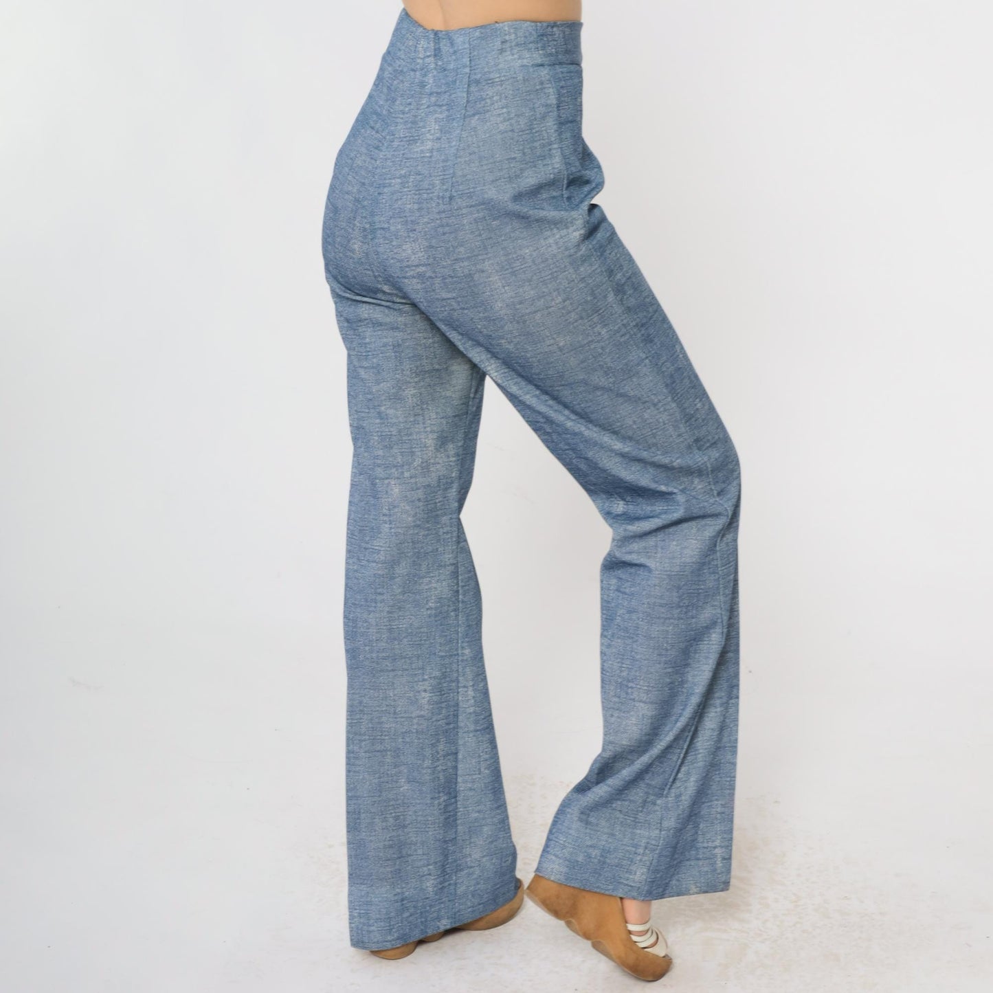 70s Blue Faux Denim Bell Bottom Trousers High Rise Elastic Waist Small