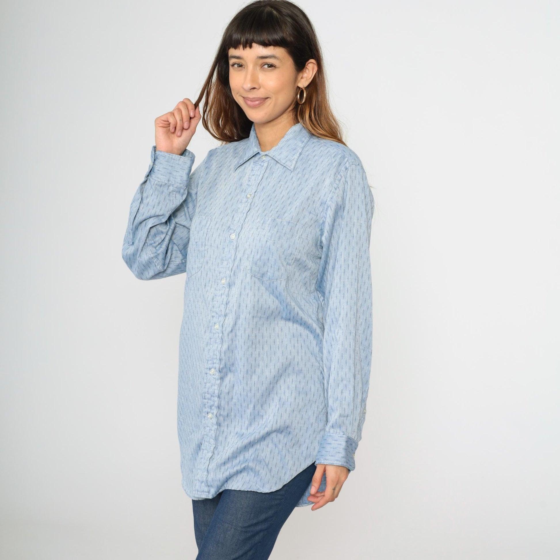 70s Light Blue Dash Stripe Button Down Shirt Cotton Blend Men's Large L