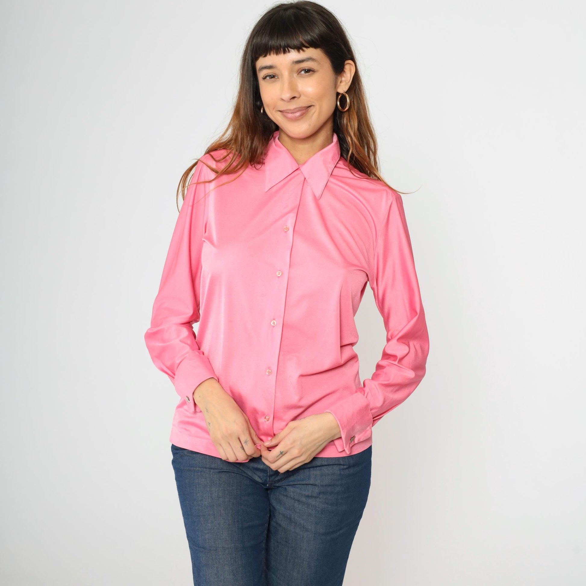 70s Shiny Pink Dagger Collar Button-Up Shirt Long Sleeve Cufflinks Medium M