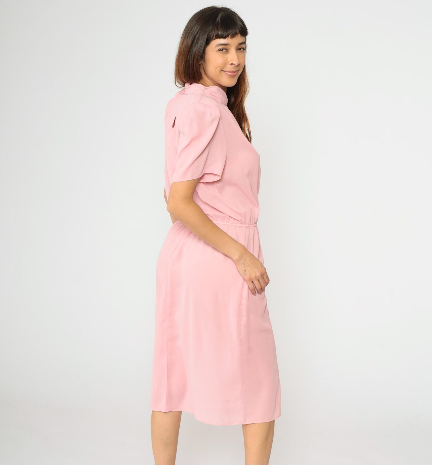 80s Pink Puff Sleeve Midi Dress High Waist Mock Neck Large L