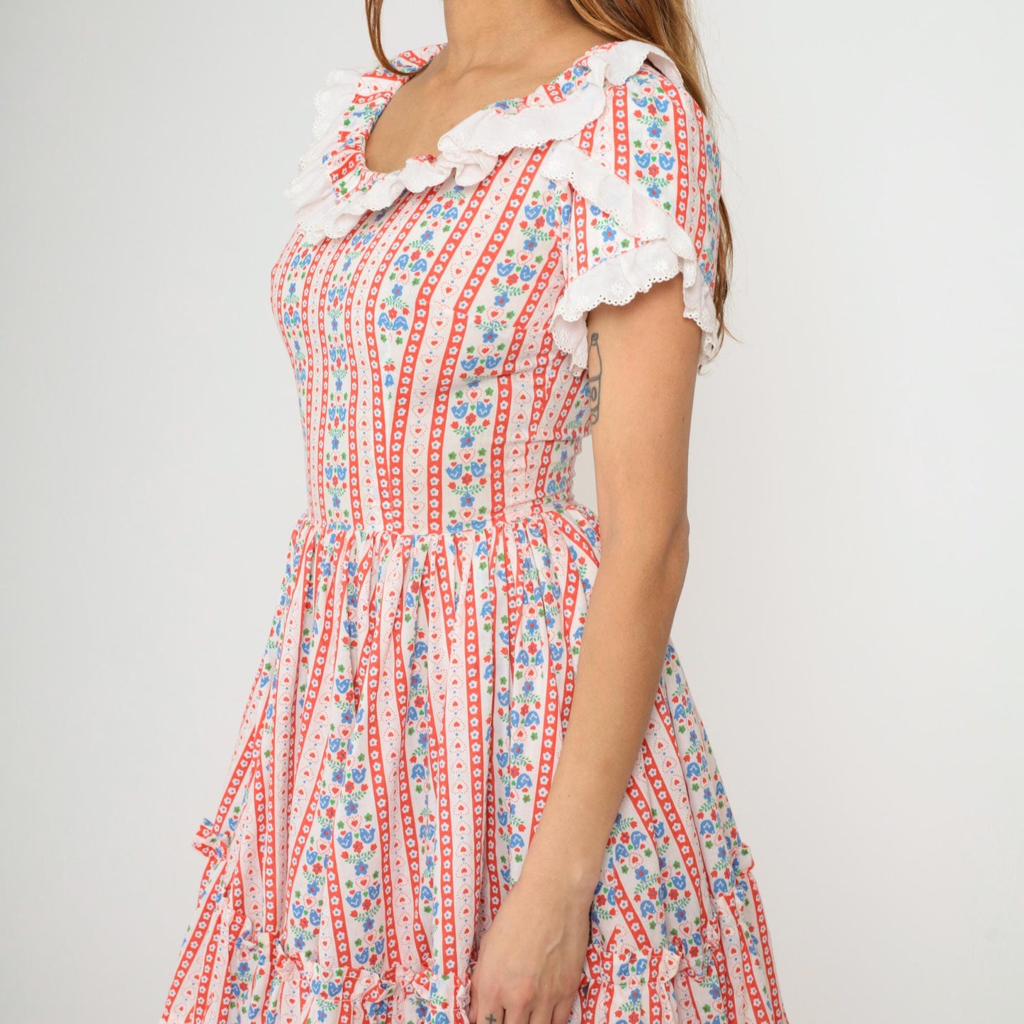 70s Floral Bird Print Prairie Dress White Mini Tiered Lace Small