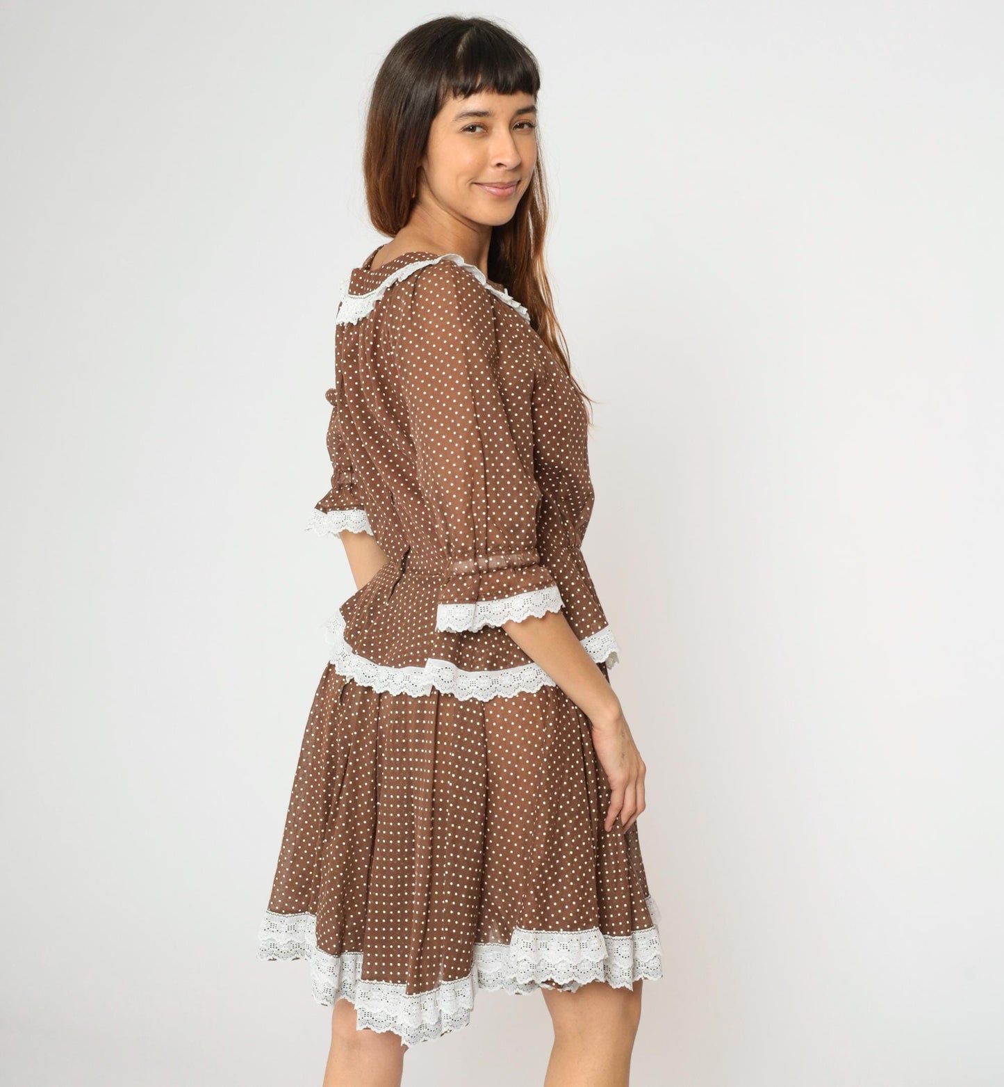 70s Brown Polka Dot Prairie Dress Keyhole Neck Tiered Skirt Medium