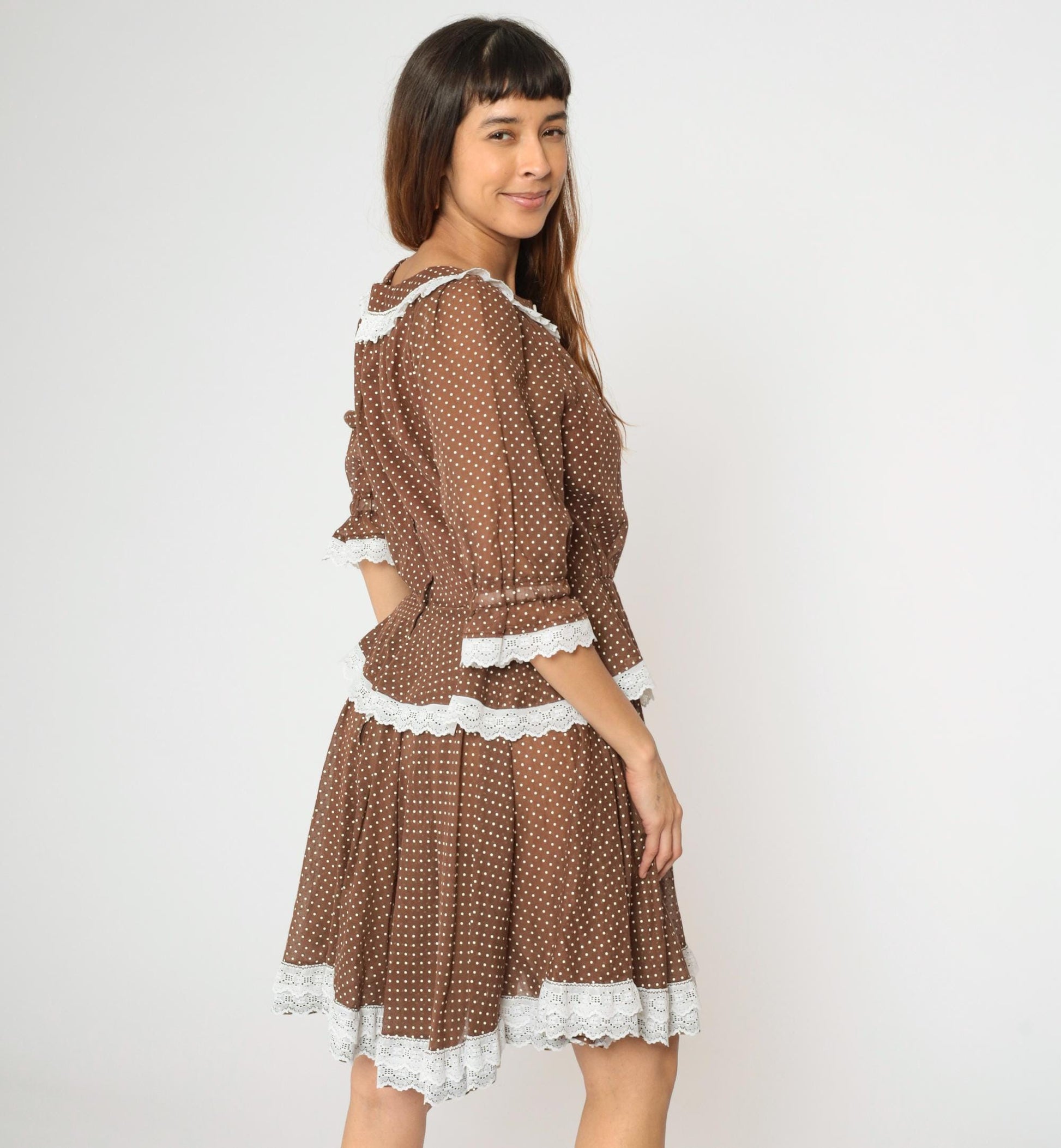 70s Brown Polka Dot Prairie Dress Keyhole Neck Tiered Skirt Medium