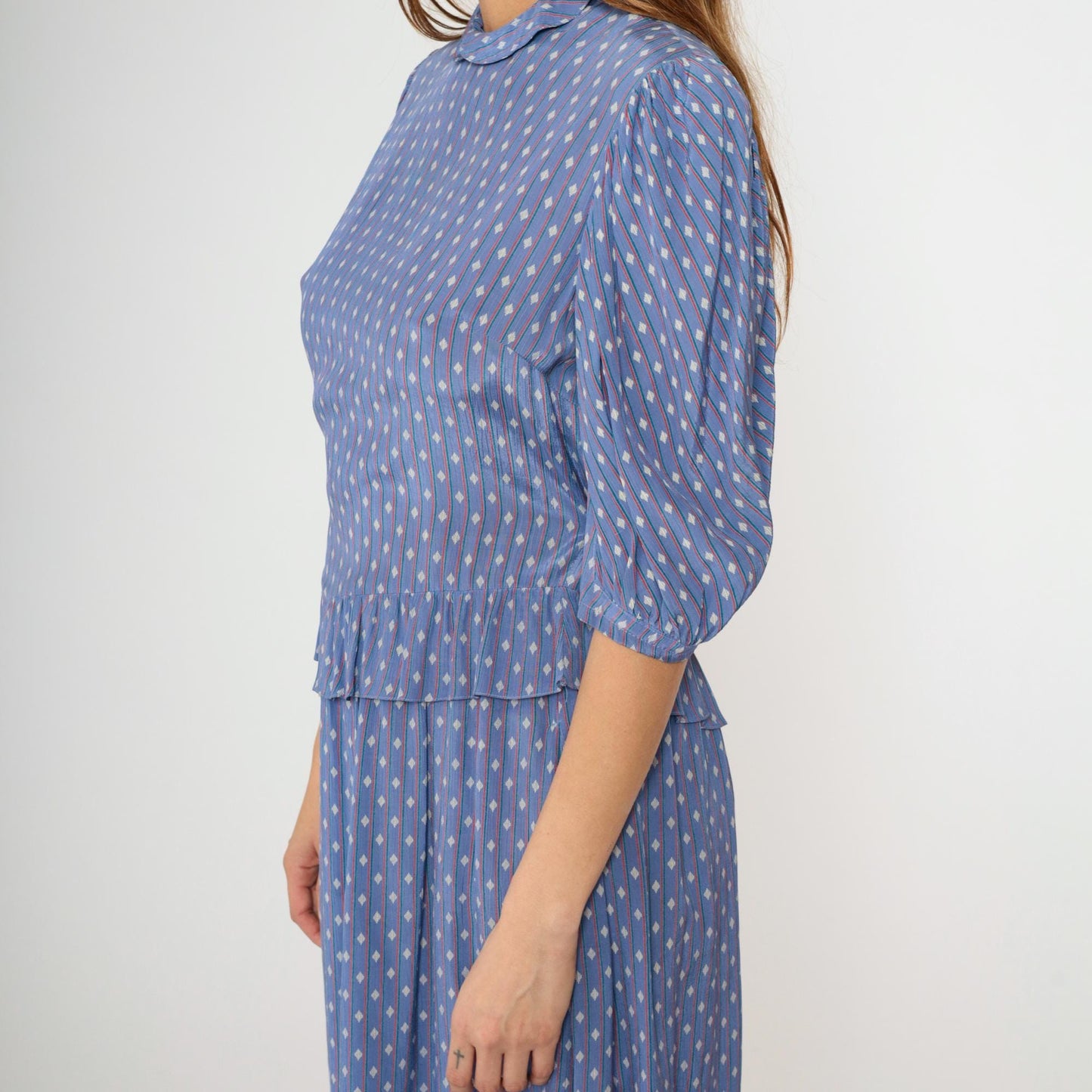 80s Blue Diamond Stripe Midi Dress Peplum Puff Sleeve High Neck Medium M