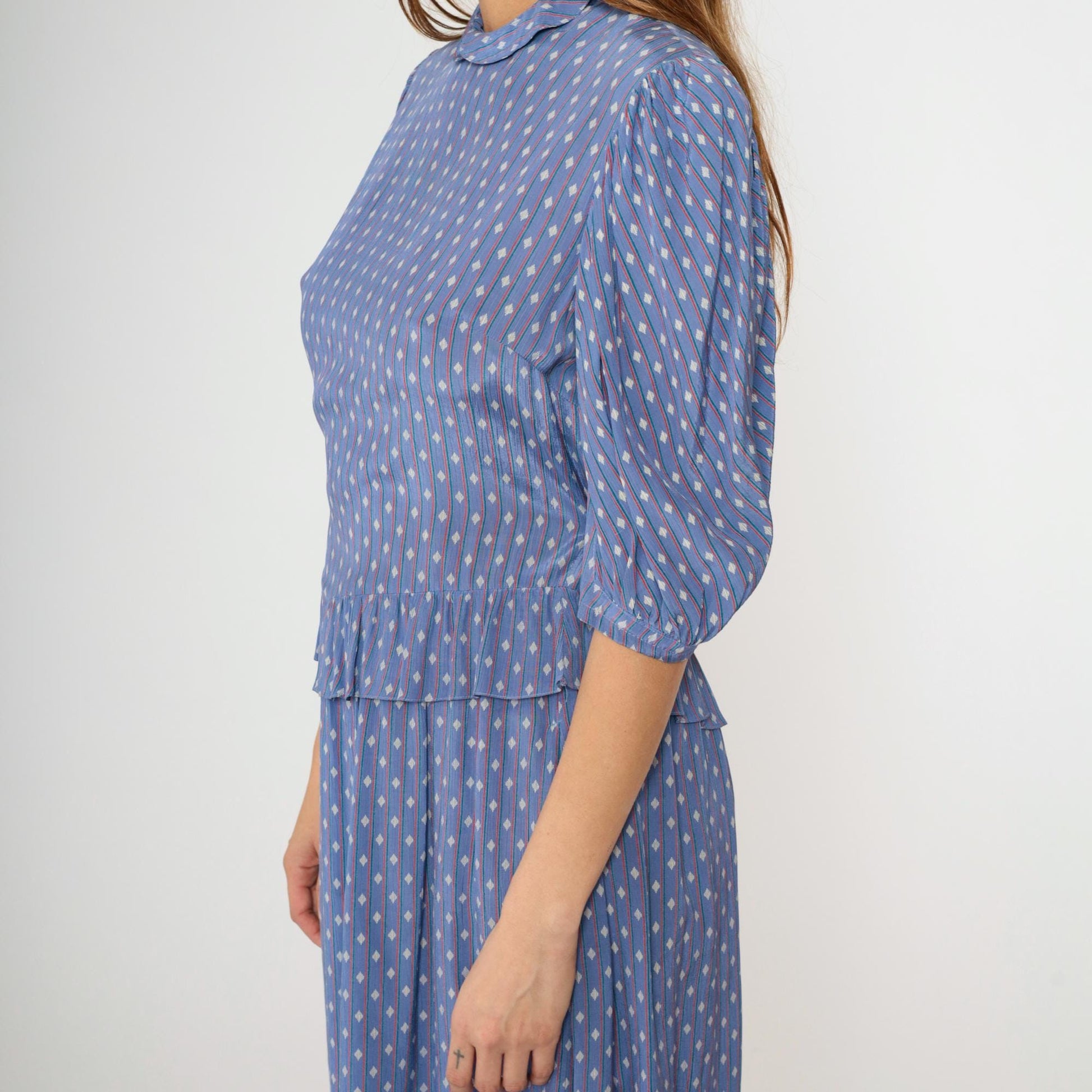 80s Blue Diamond Stripe Midi Dress Peplum Puff Sleeve High Neck Medium M