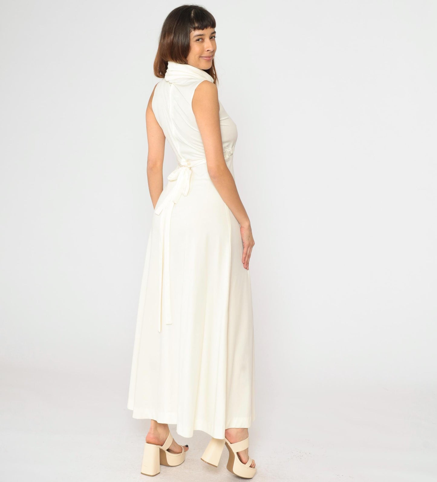 1970s White Maxi Dress Cowl Neck Cap Sleeve High Waist Grecian Gown Extra Small