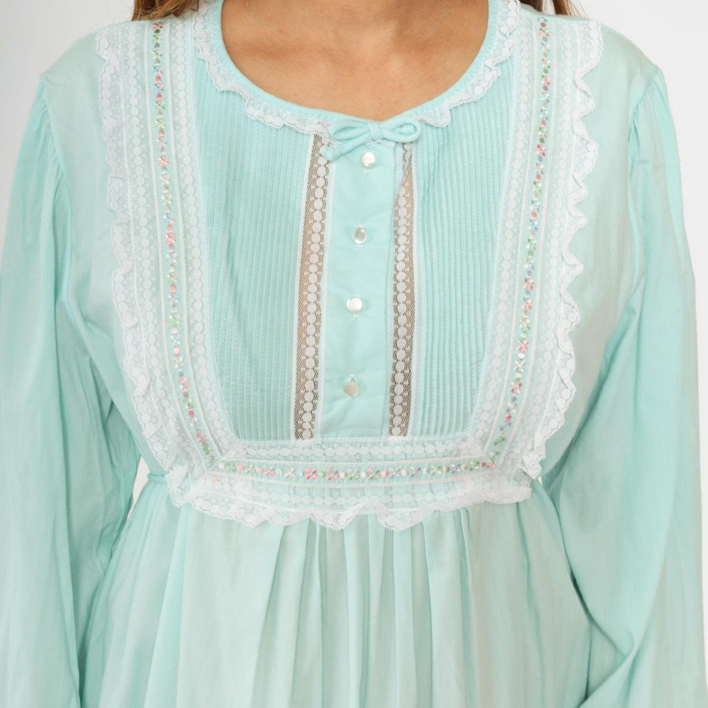 70s Barbizon Mint Blue Featherlite Maxi Nightgown Empire Waist Lace Medium