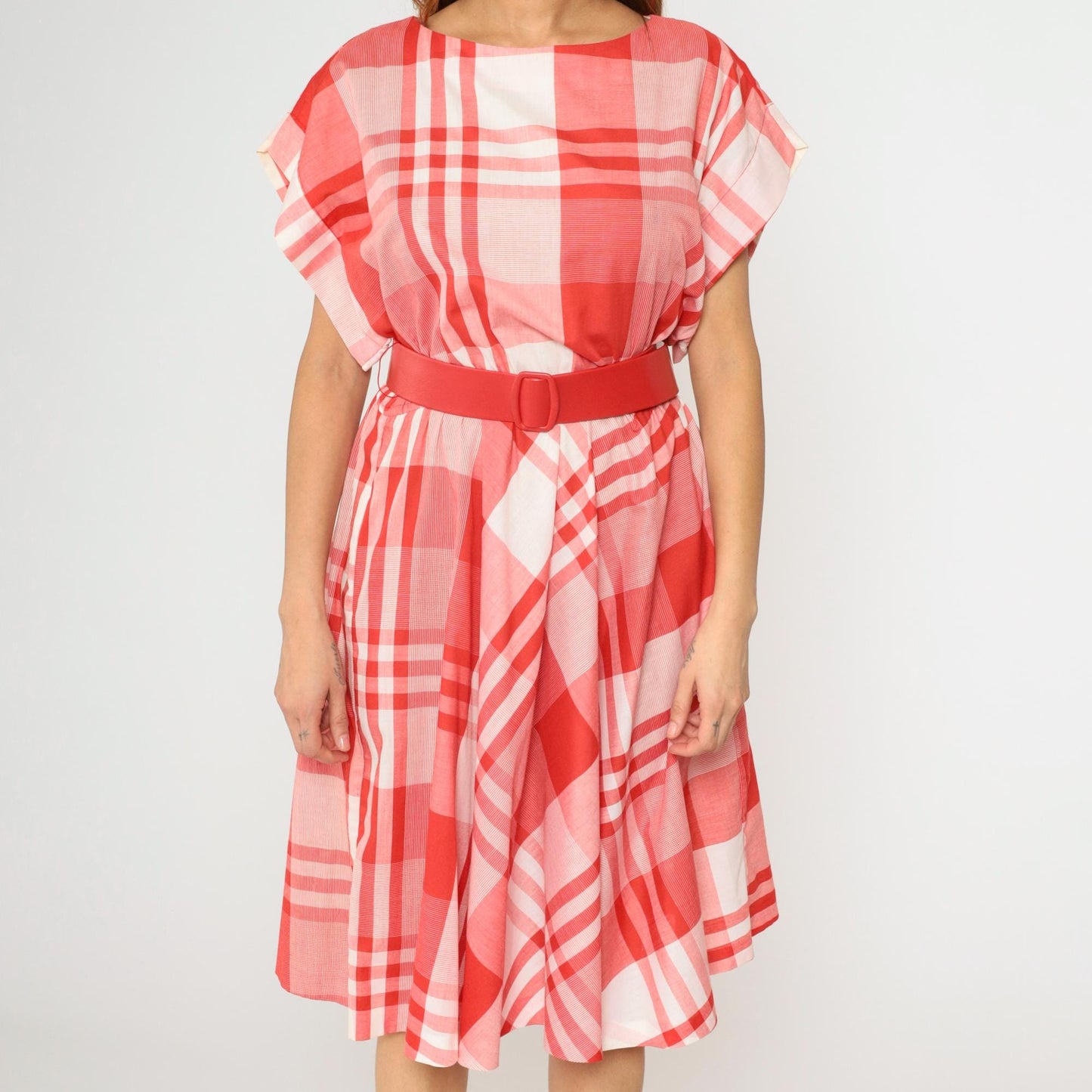 80s Red Plaid Midi Dress High Waisted Belted Cap Sleeve Medium M