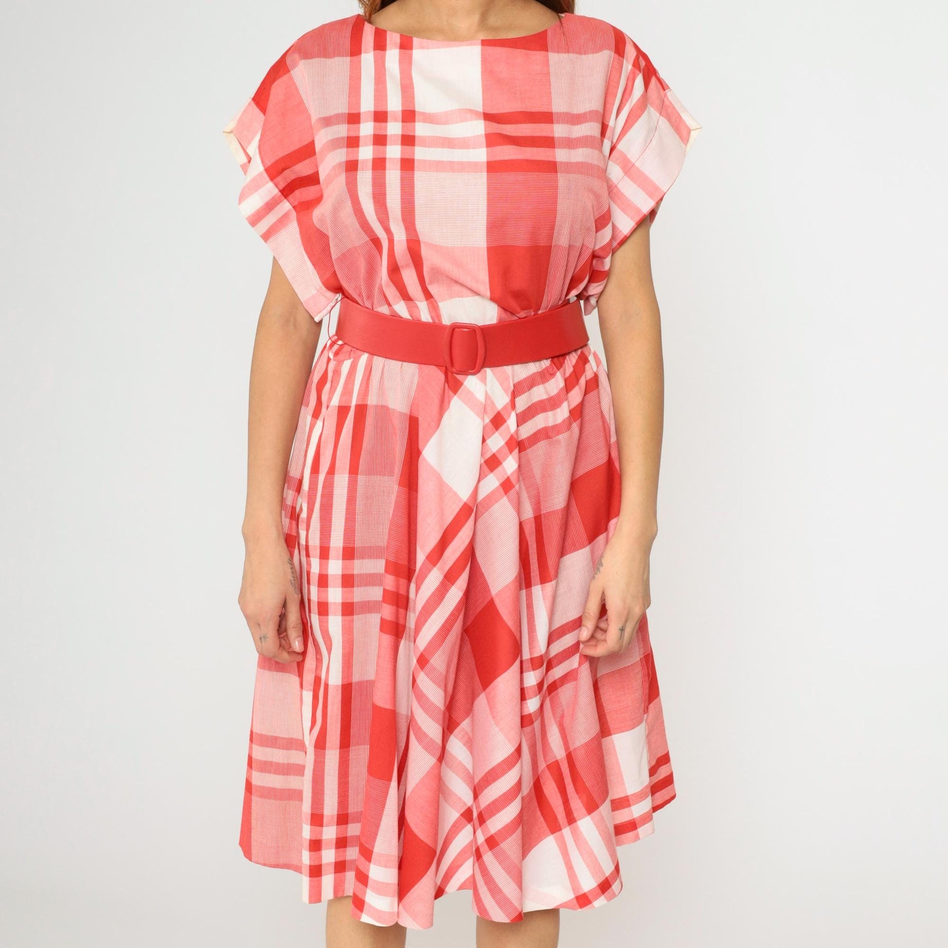 80s Red Plaid Midi Dress High Waisted Belted Cap Sleeve Medium M