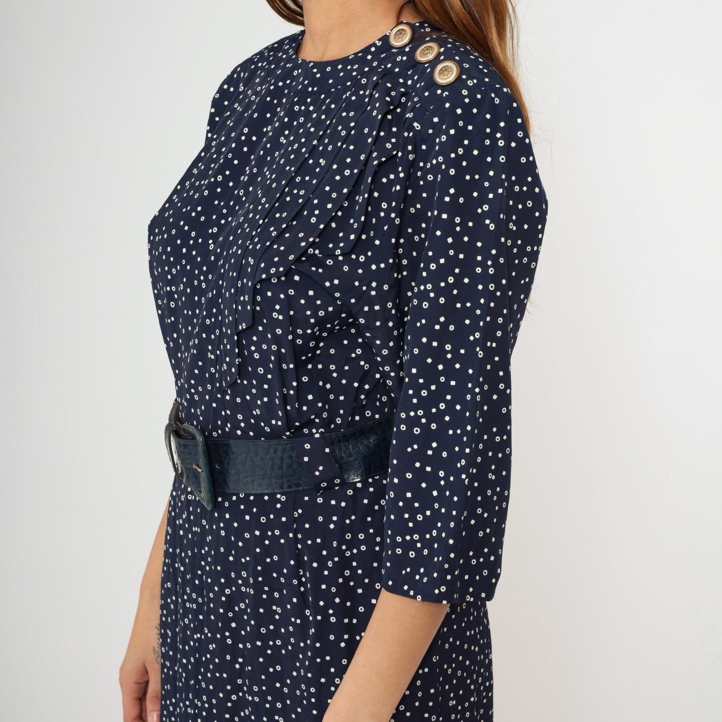 80s Navy Polka Dot Midi Dress Pleated Bodice High Waist Belted Small S
