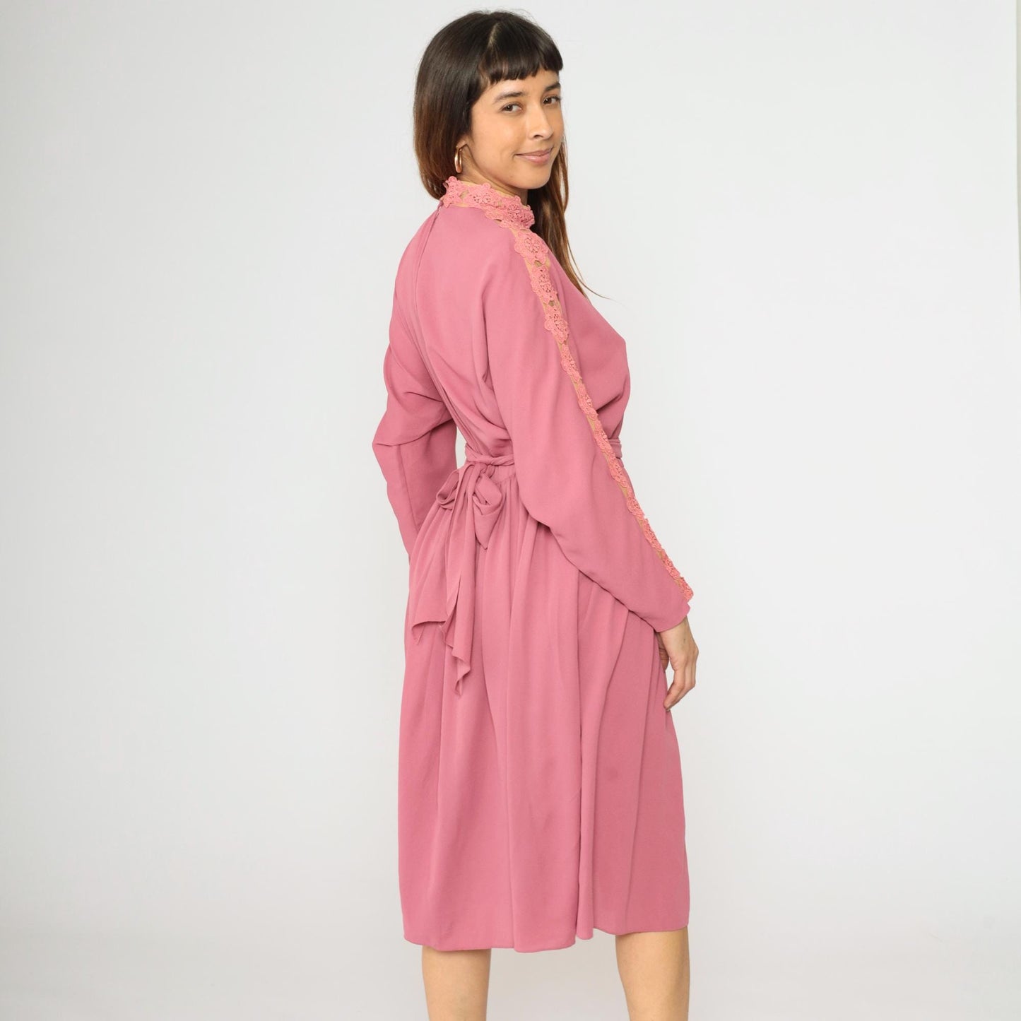 70s Pink Midi Dress Lace Trim Dolman Sleeve High Waisted Belted Medium