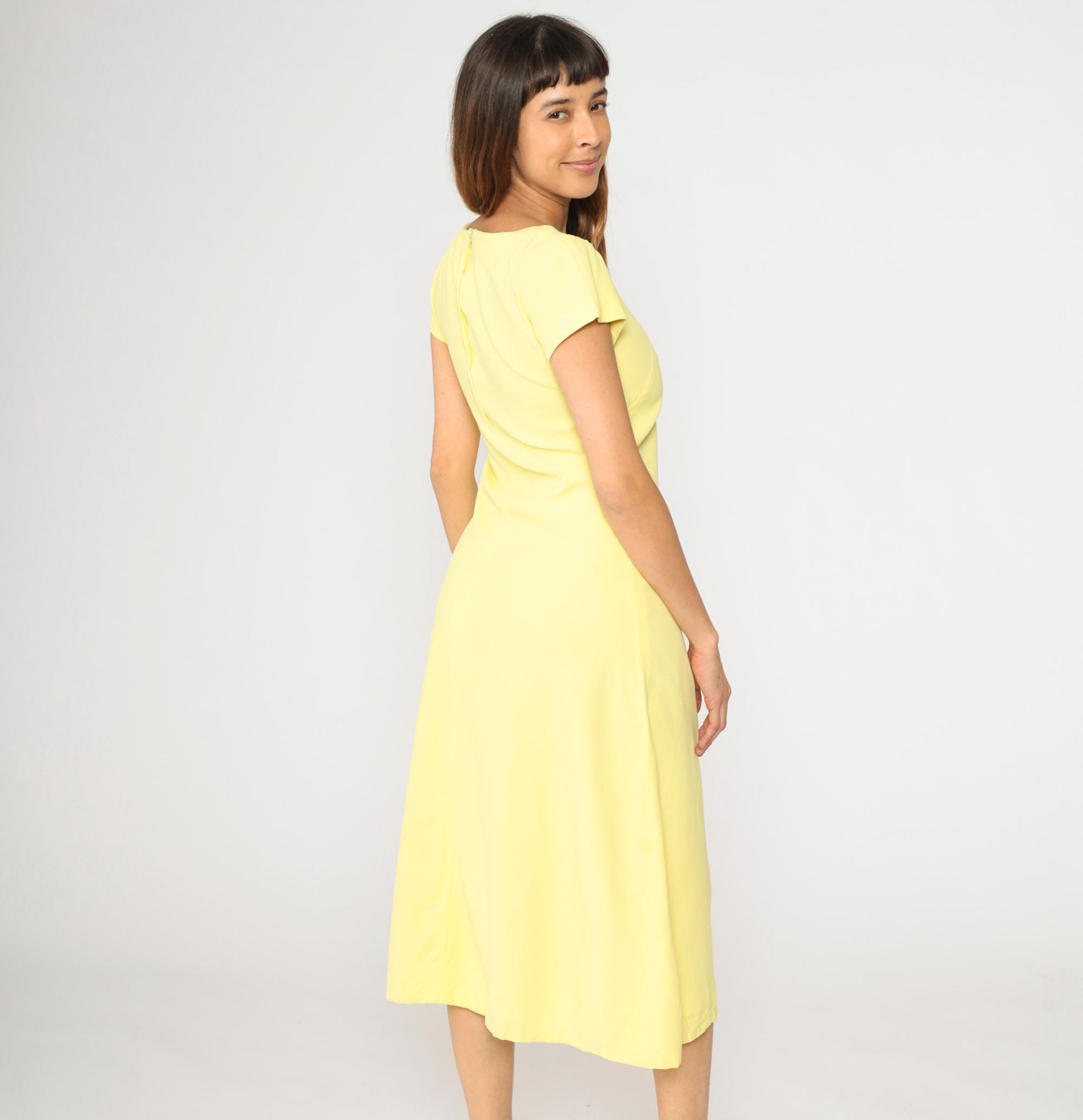 60s Light Yellow A-Line Midi Dress Short Sleeve Decorative Buttons Small