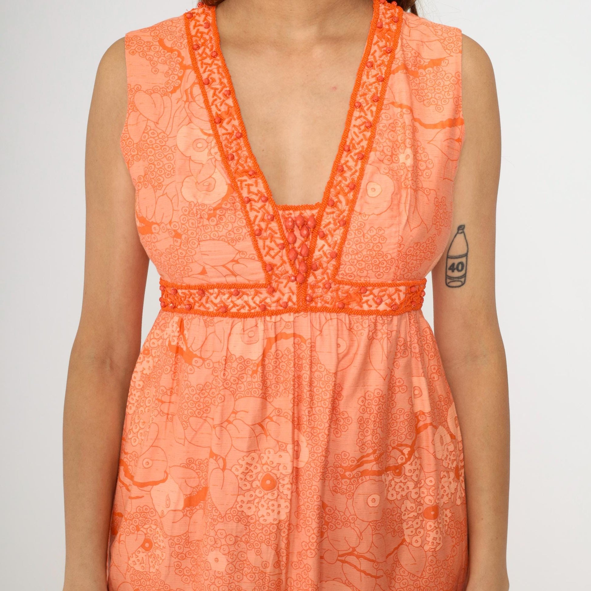70s Orange Floral Beaded Maxi Dress Empire Waist V Neck Sleeveless Medium