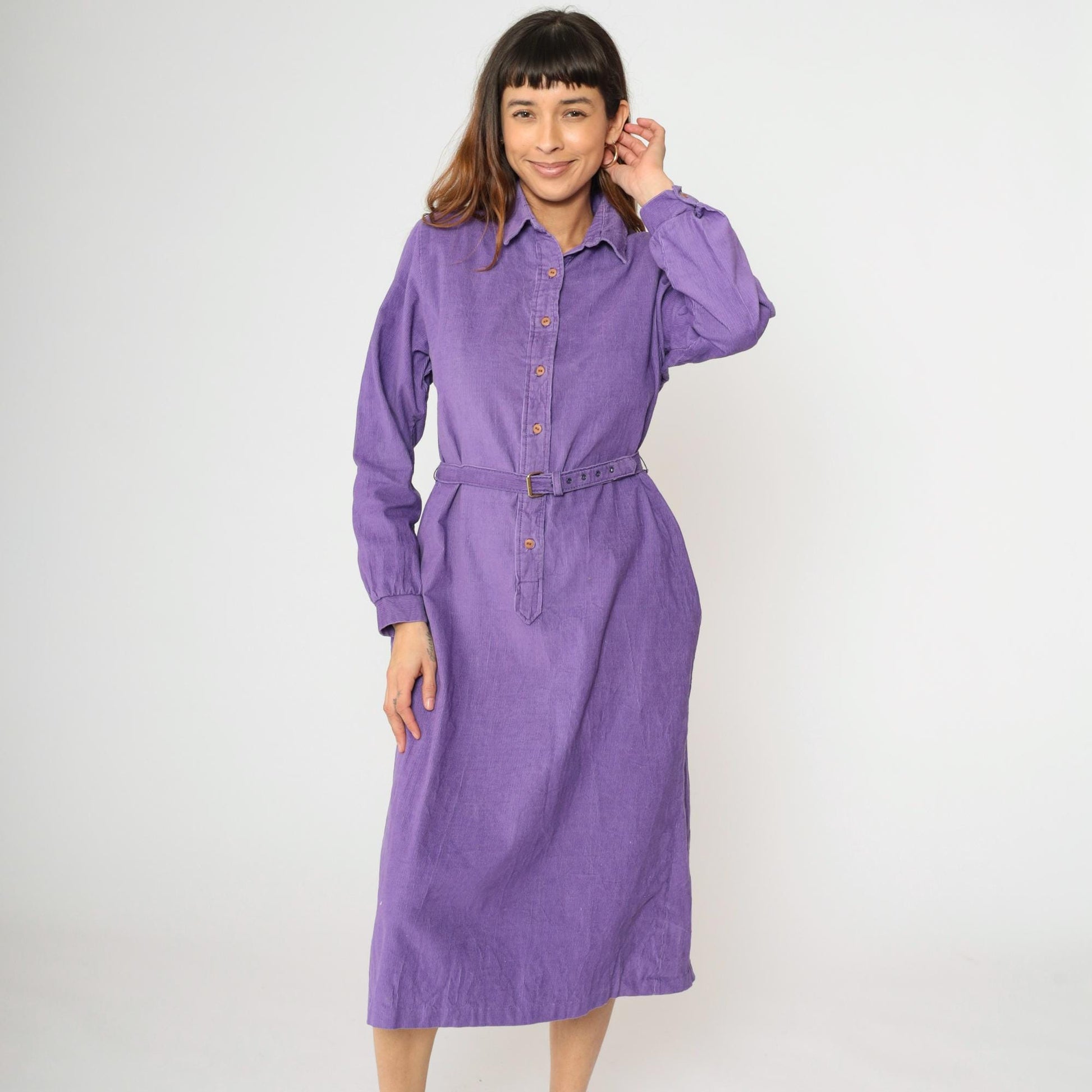 90s Purple Corduroy Midi Dress High Waisted Button Up Long Sleeve Medium M