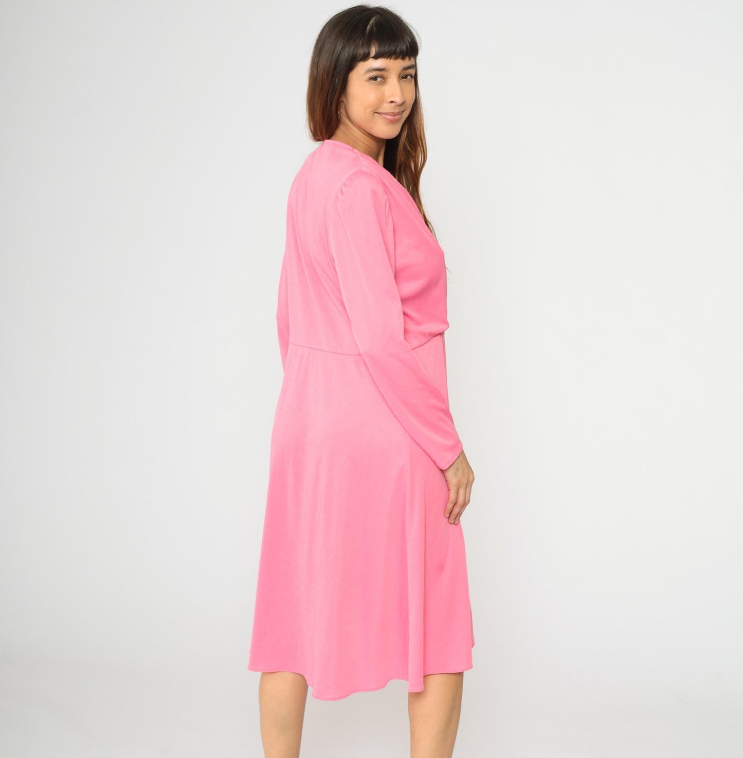 80s Pink Faux Wrap Midi Dress Deep V Puff Sleeve High Waist Extra Large