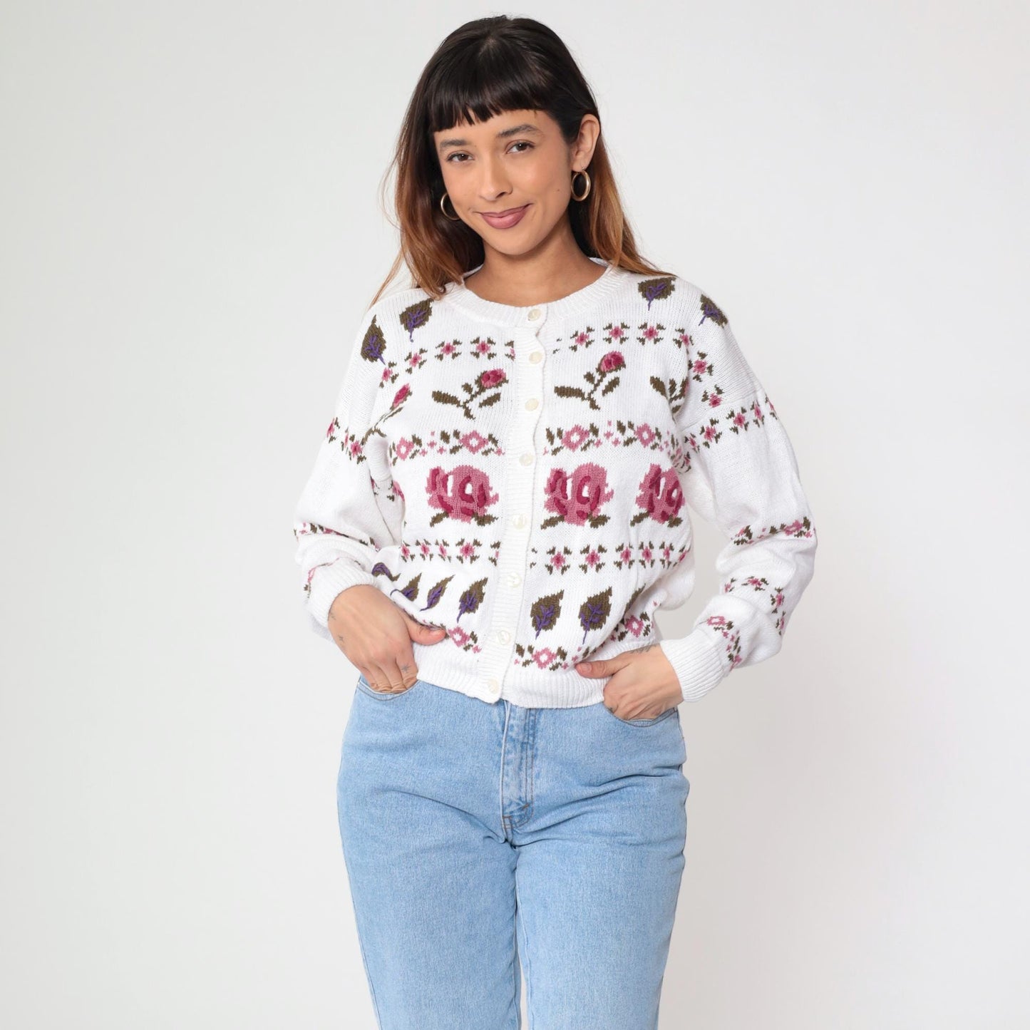 90s Ninon De Lendon Floral Cardigan White Cotton Ramie Knit Medium M