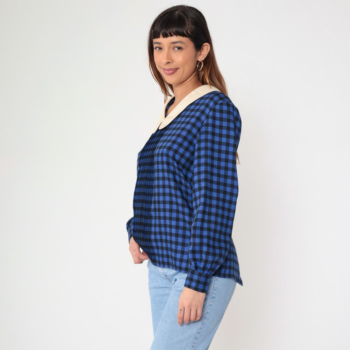 80s Albert Nipon Checkered Blouse Blue Black Gingham Cream Collar Medium